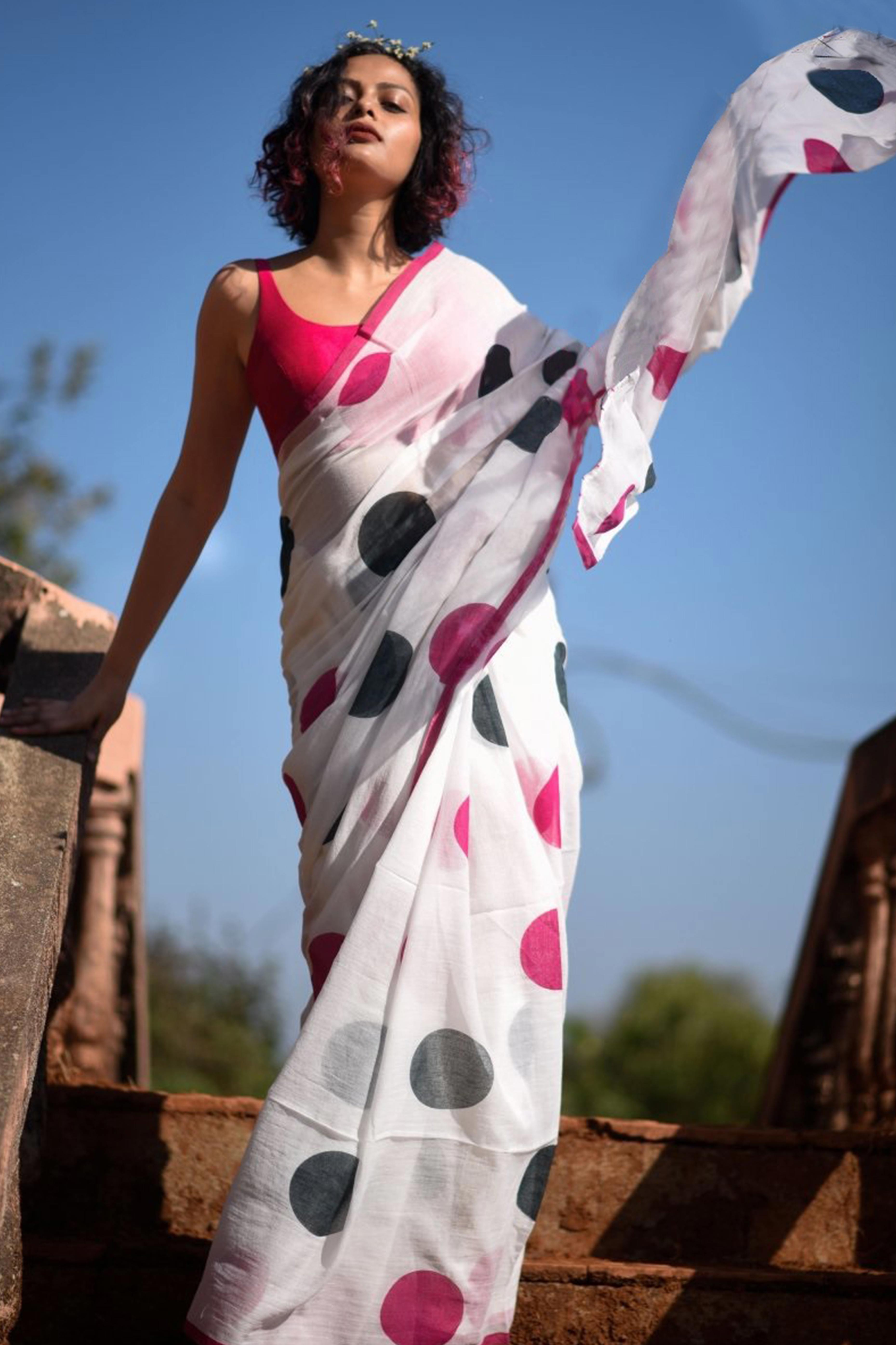 White Polka Dot Printed Linen Saree