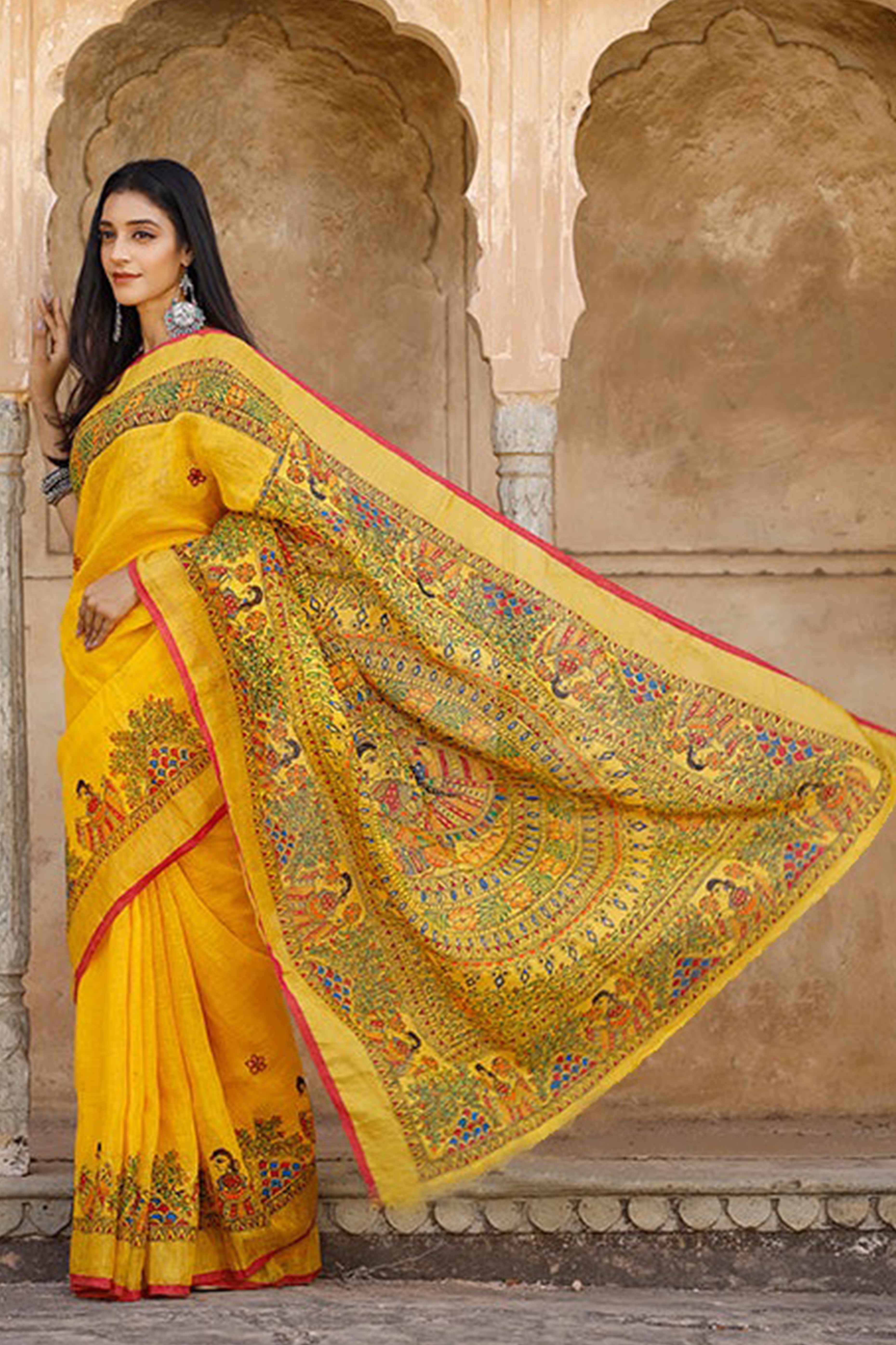 Yellow Kalamkari Printed Linen Saree