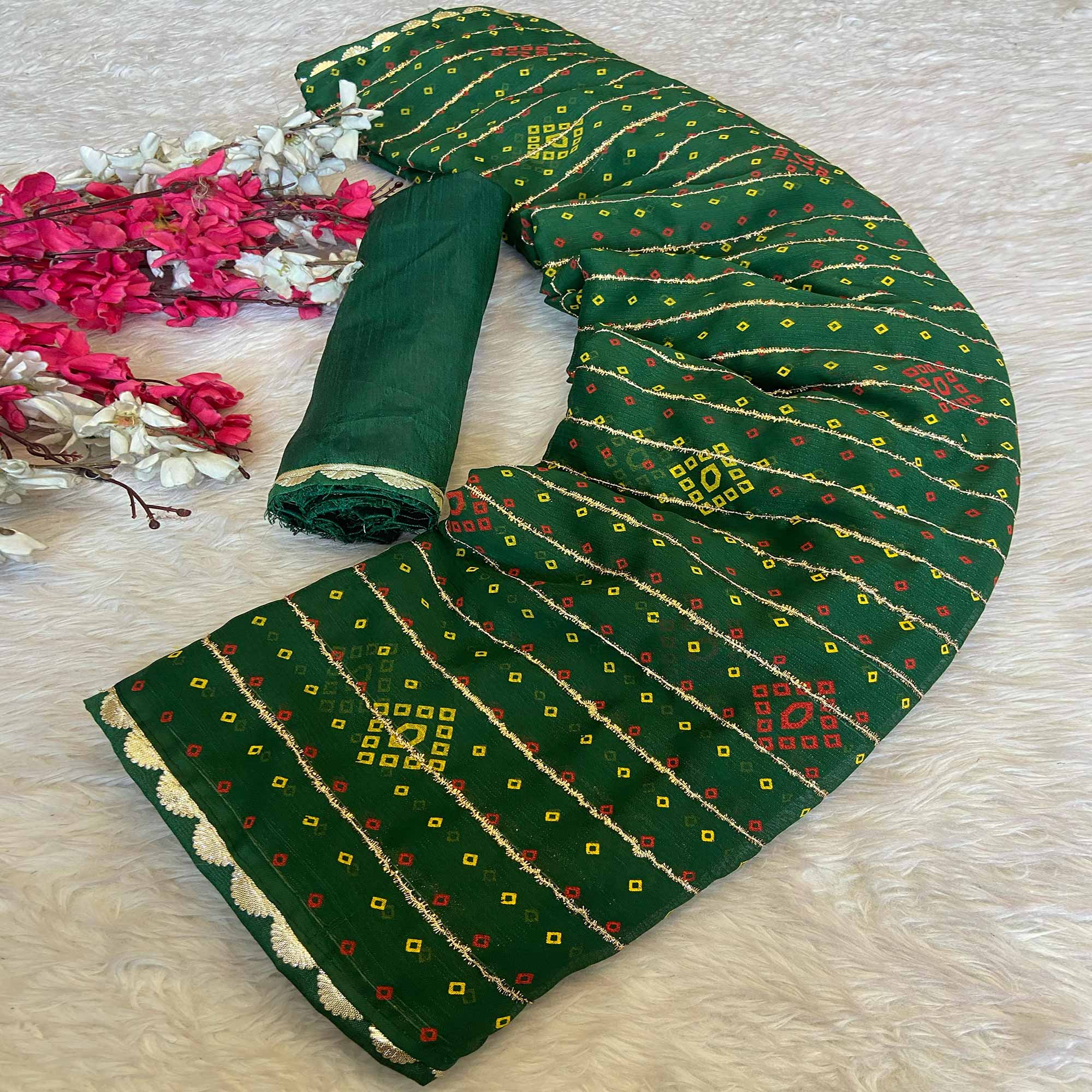 Green Bandhani Printed Chiffon Saree with Graceful Touches of Zari Work