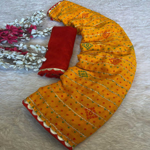 Mustard Bandhani Printed Chiffon Saree with Graceful Touches of Zari Work
