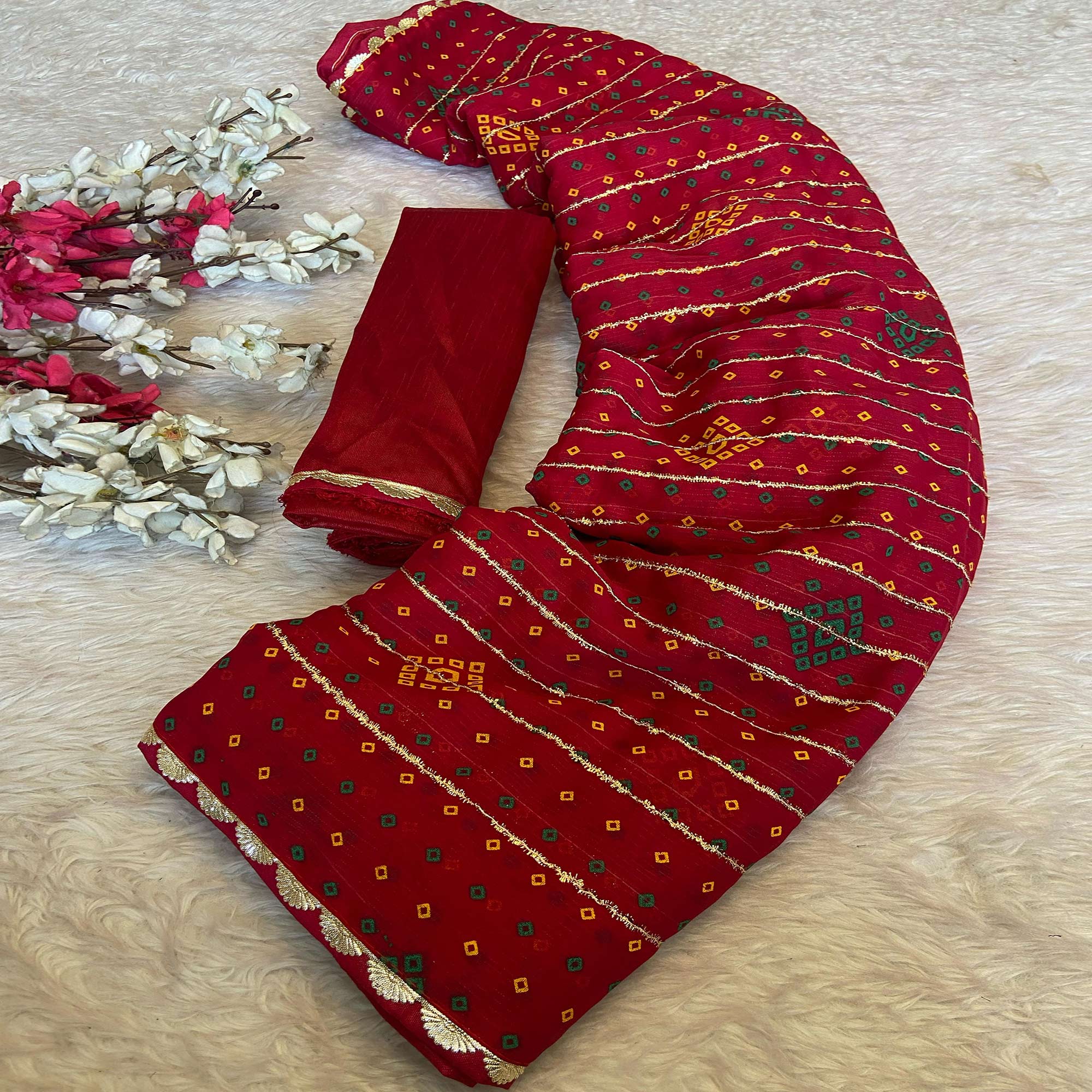 Pink Bandhani Printed Chiffon Saree with Graceful Touches of Zari Work - Image 1