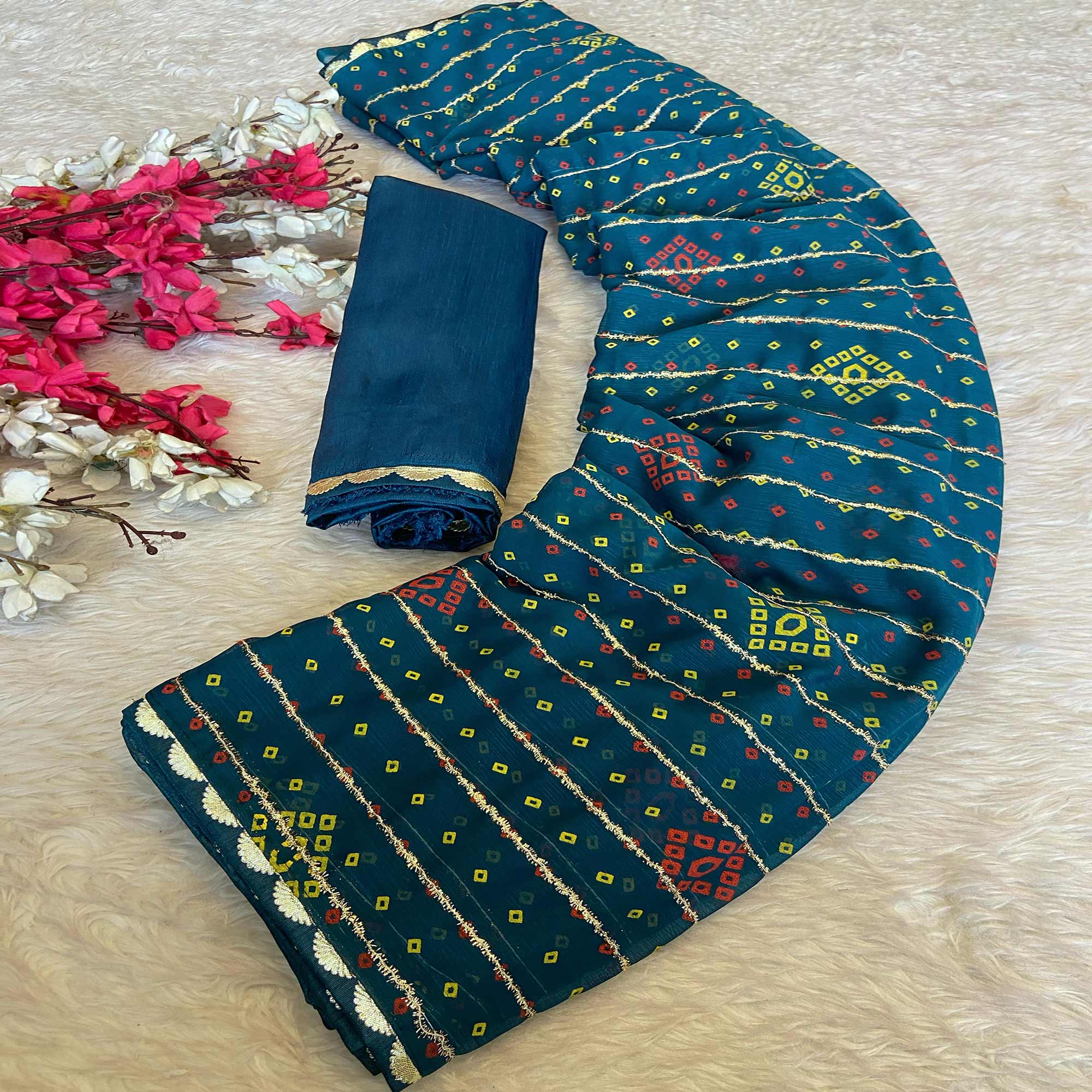 Teal Bandhani Printed Chiffon Saree with Graceful Touches of Zari Work