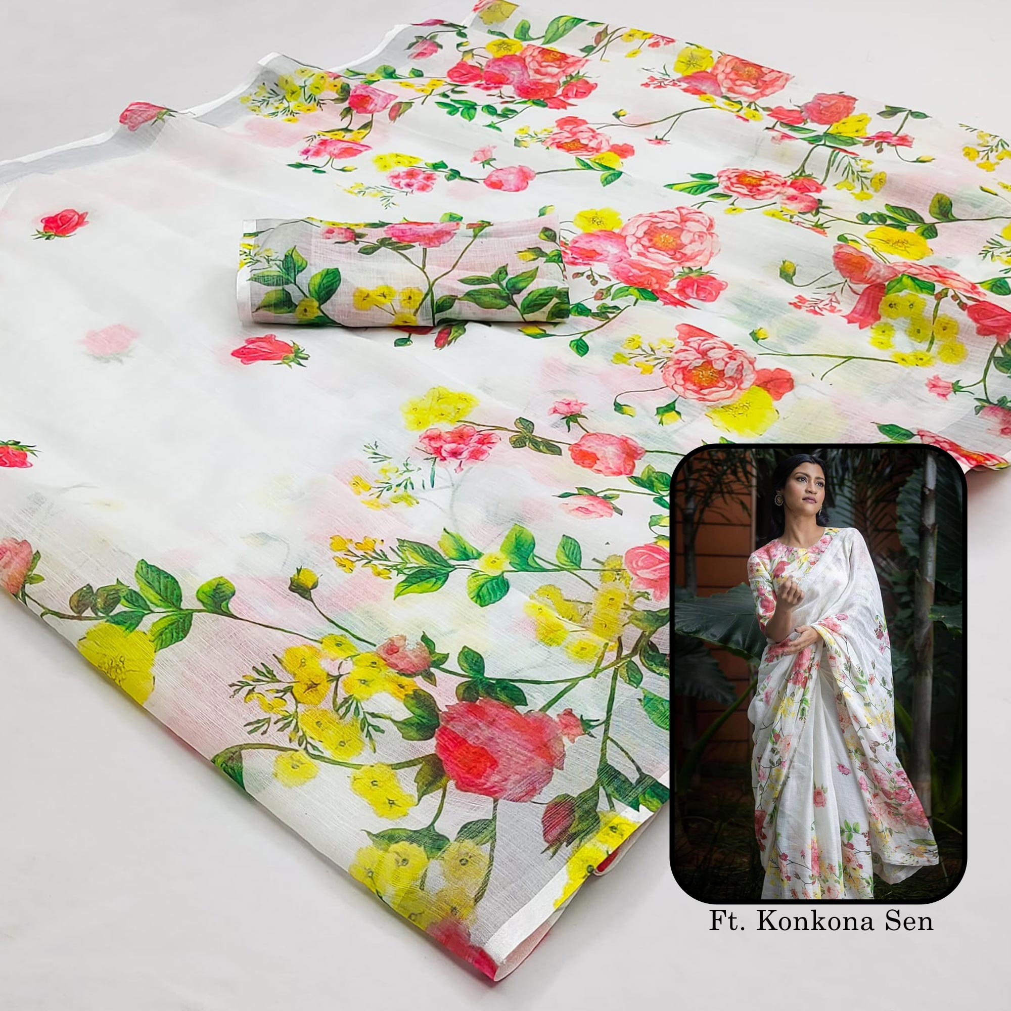 White Floral Digital Printed Linen Saree