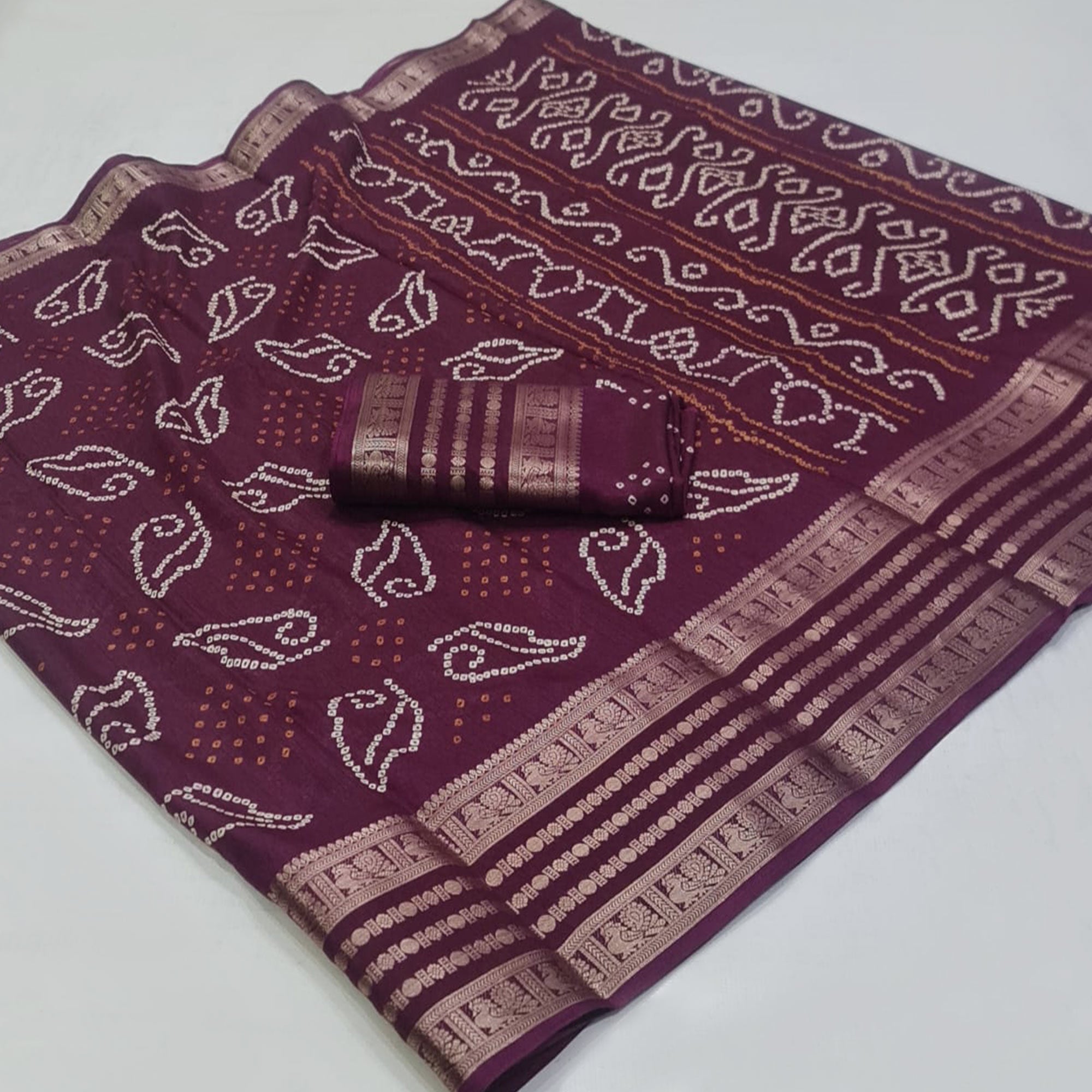 Wine Printed Dola Silk Saree With Zari Border