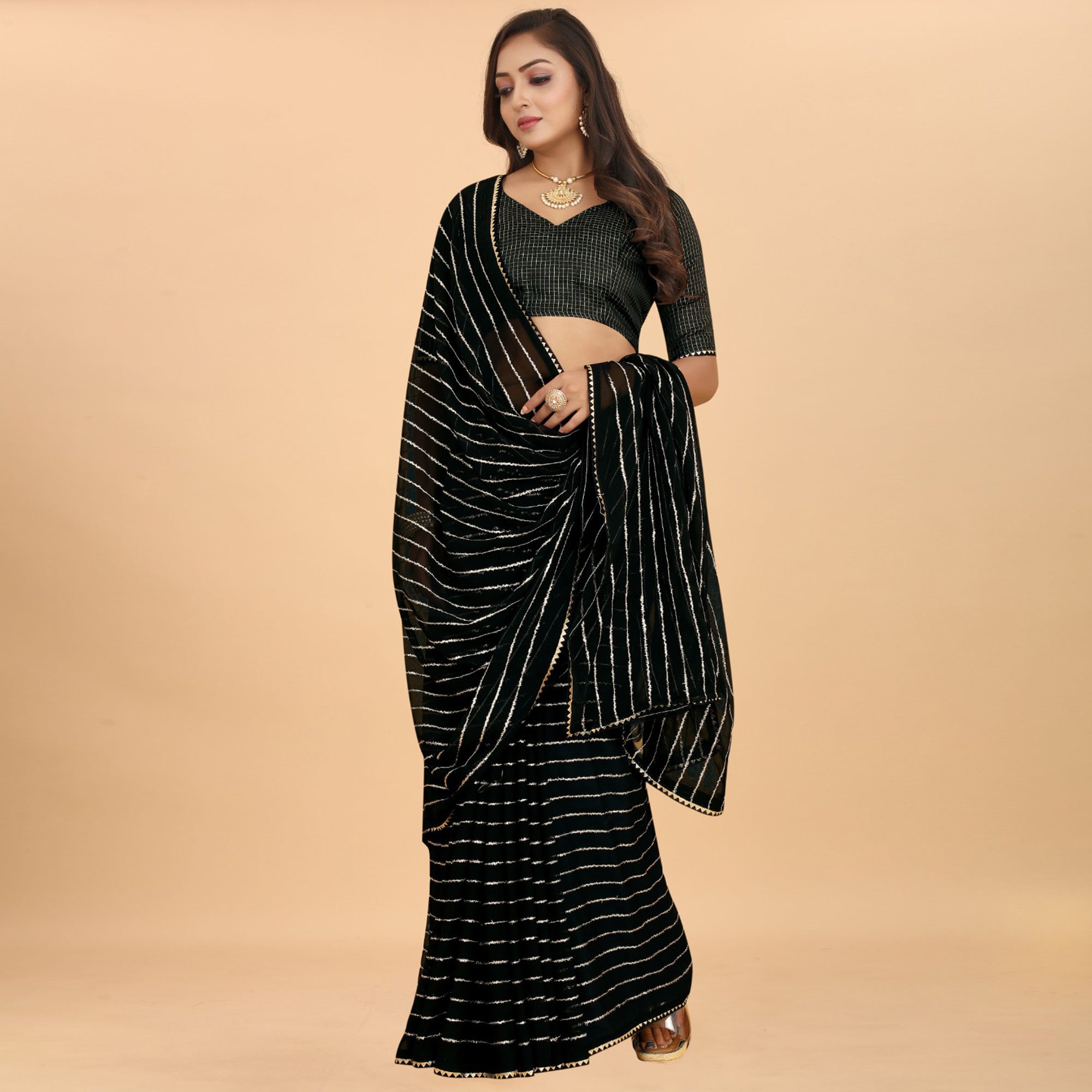 Black Striped Woven Georgette Saree