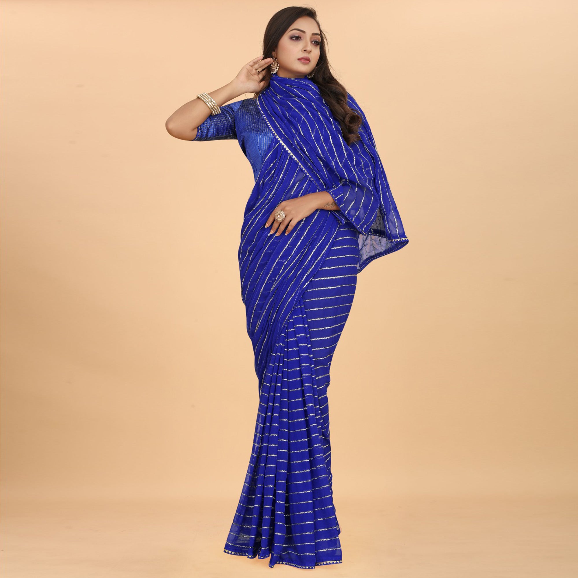 Blue Striped Woven Georgette Saree