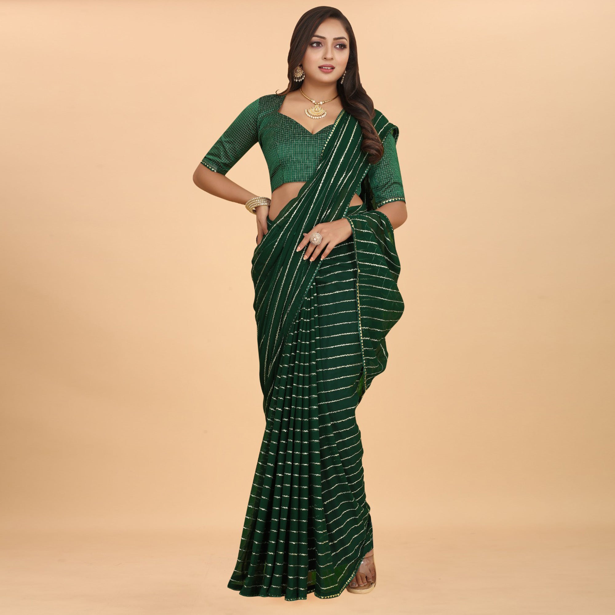 Green Striped Woven Georgette Saree