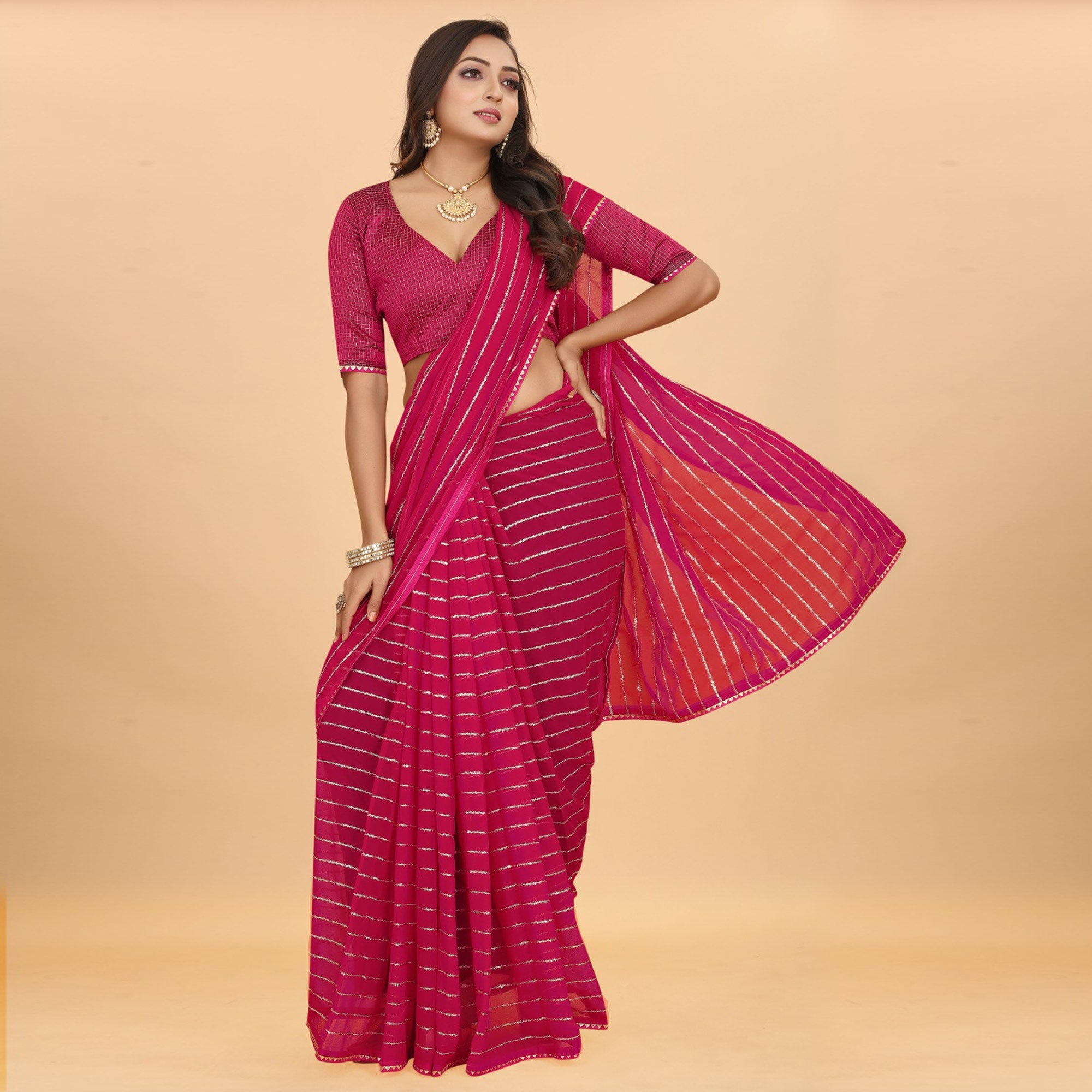 Pink Striped Woven Georgette Saree