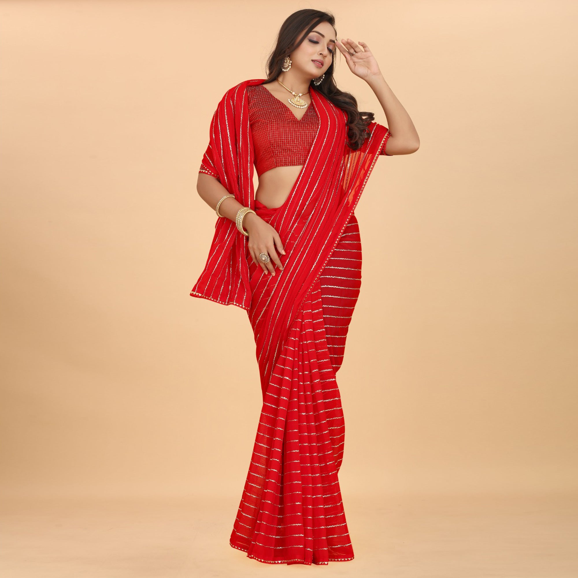 Red Striped Woven Georgette Saree