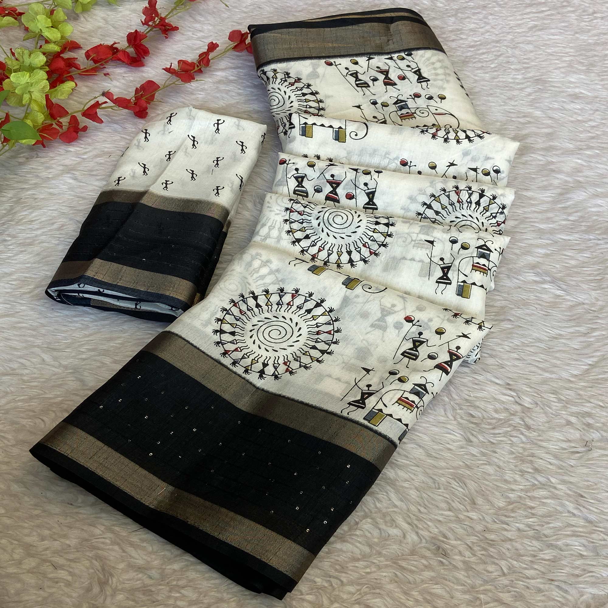 Cream Saree in Dola Silk with Bandhani Print and Shimmering Sequins Edge