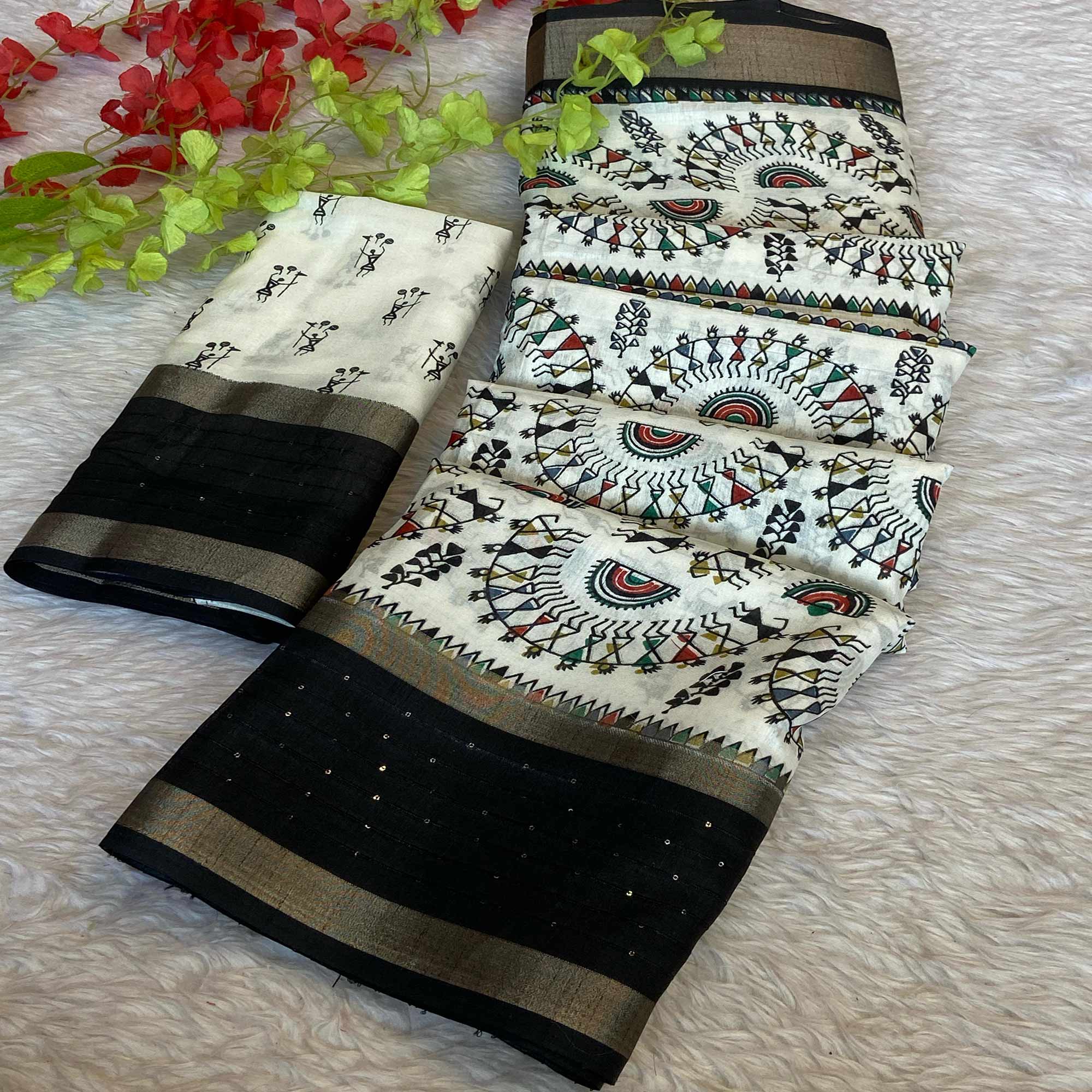 Cream Traditional Warli Print Dola Silk Saree Accented with Sequins Border