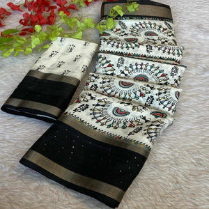Cream Traditional Warli Print Dola Silk Saree Accented with Sequins Border