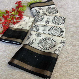 Cream Traditional Warli Print Dola Silk Saree Accented with Sequins Border