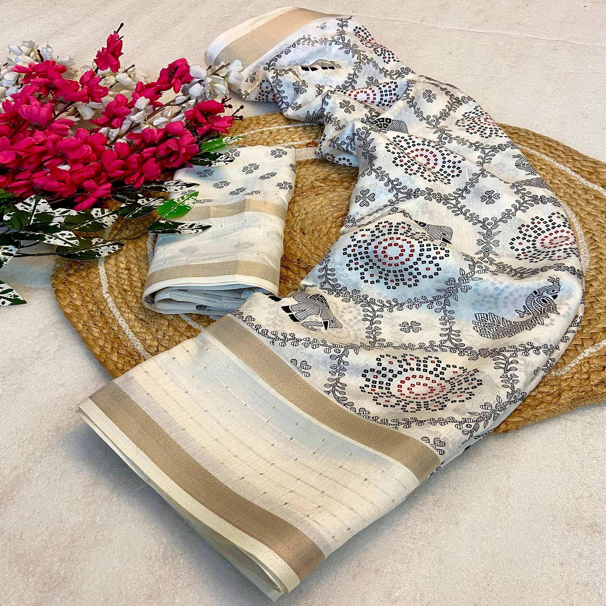 Cream Traditional Warli Print Dola Silk Saree Accented with Sequins Border