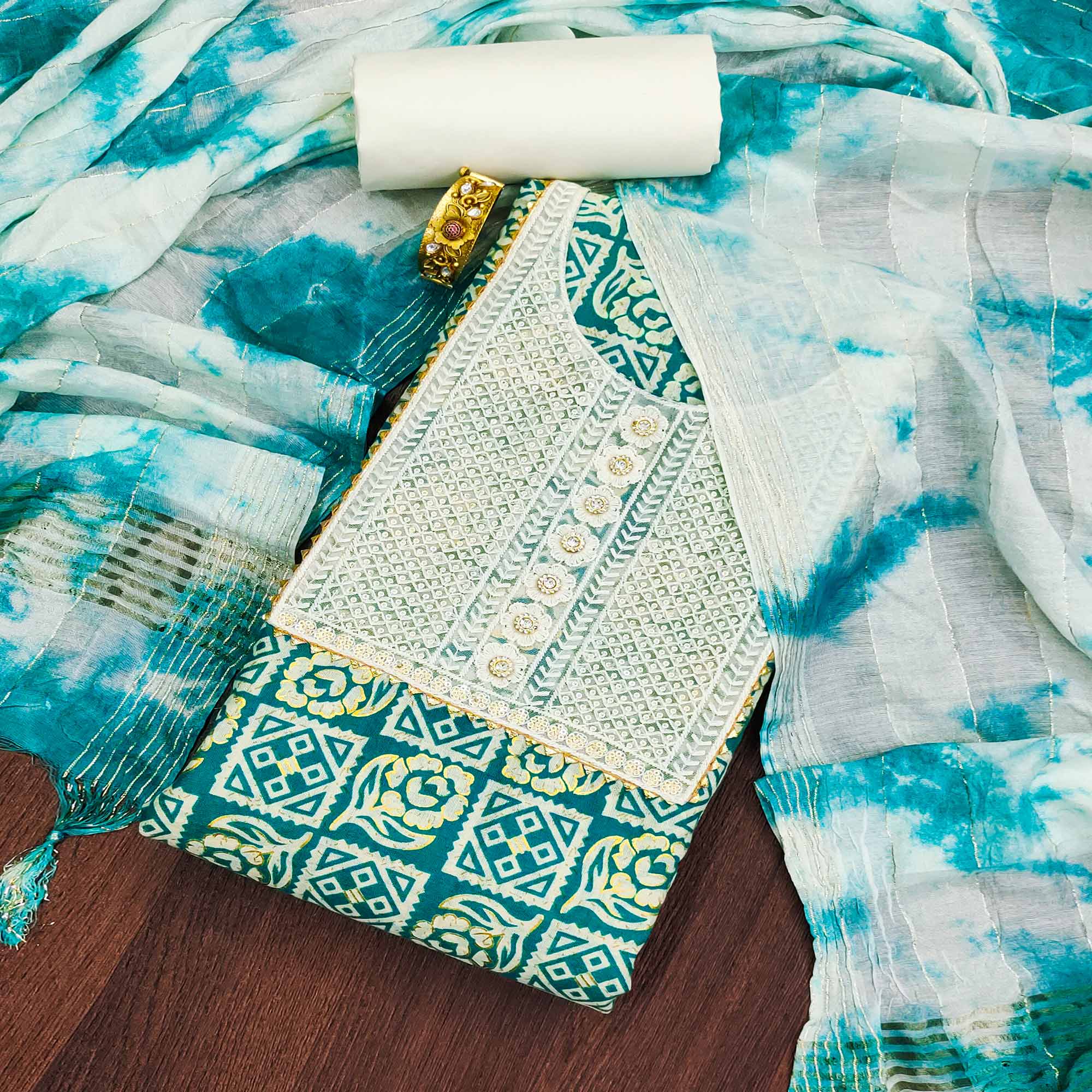 Blue Printed With Embroidered Pure Cotton Dress Material