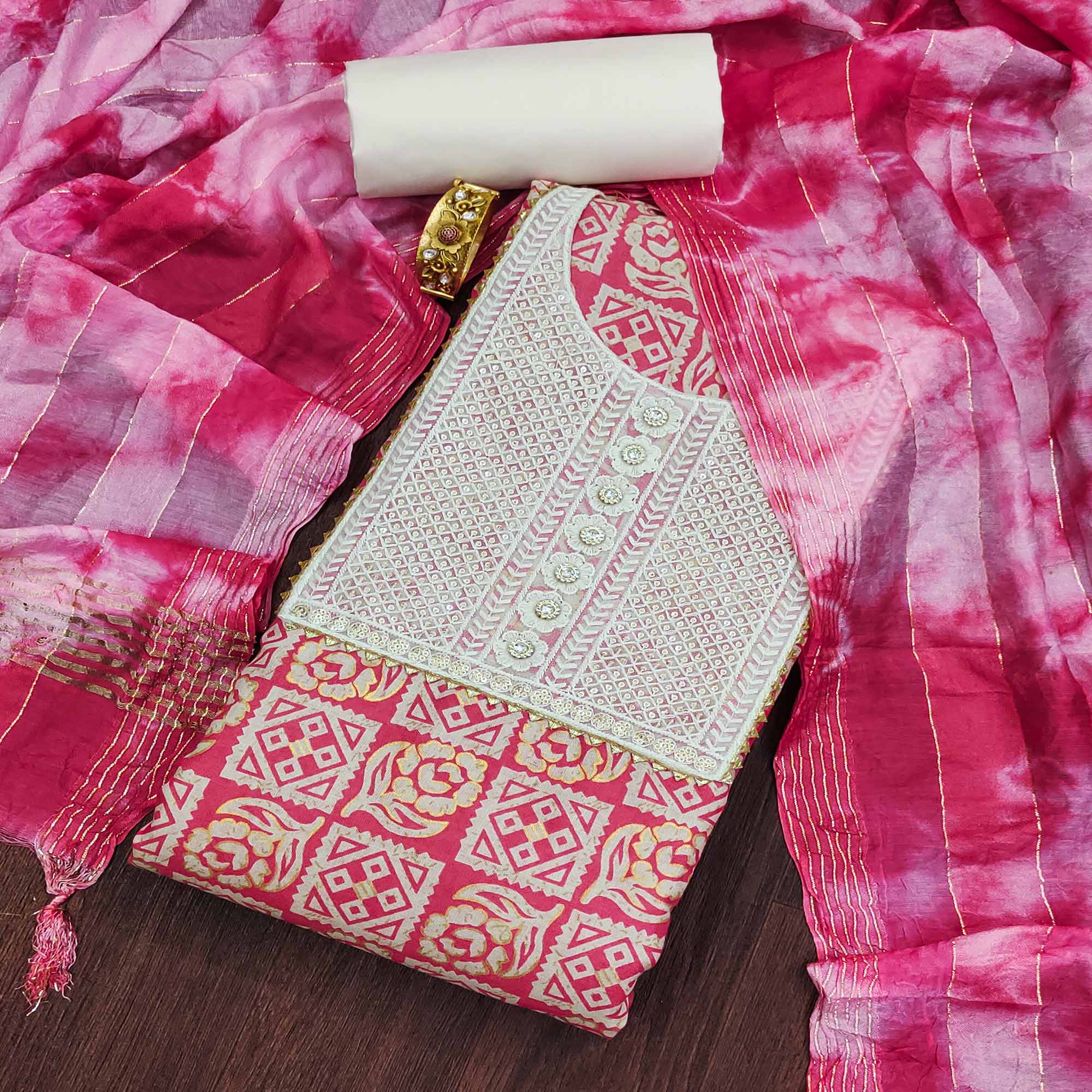 Rani Pink Printed With Embroidered Pure Cotton Dress Material