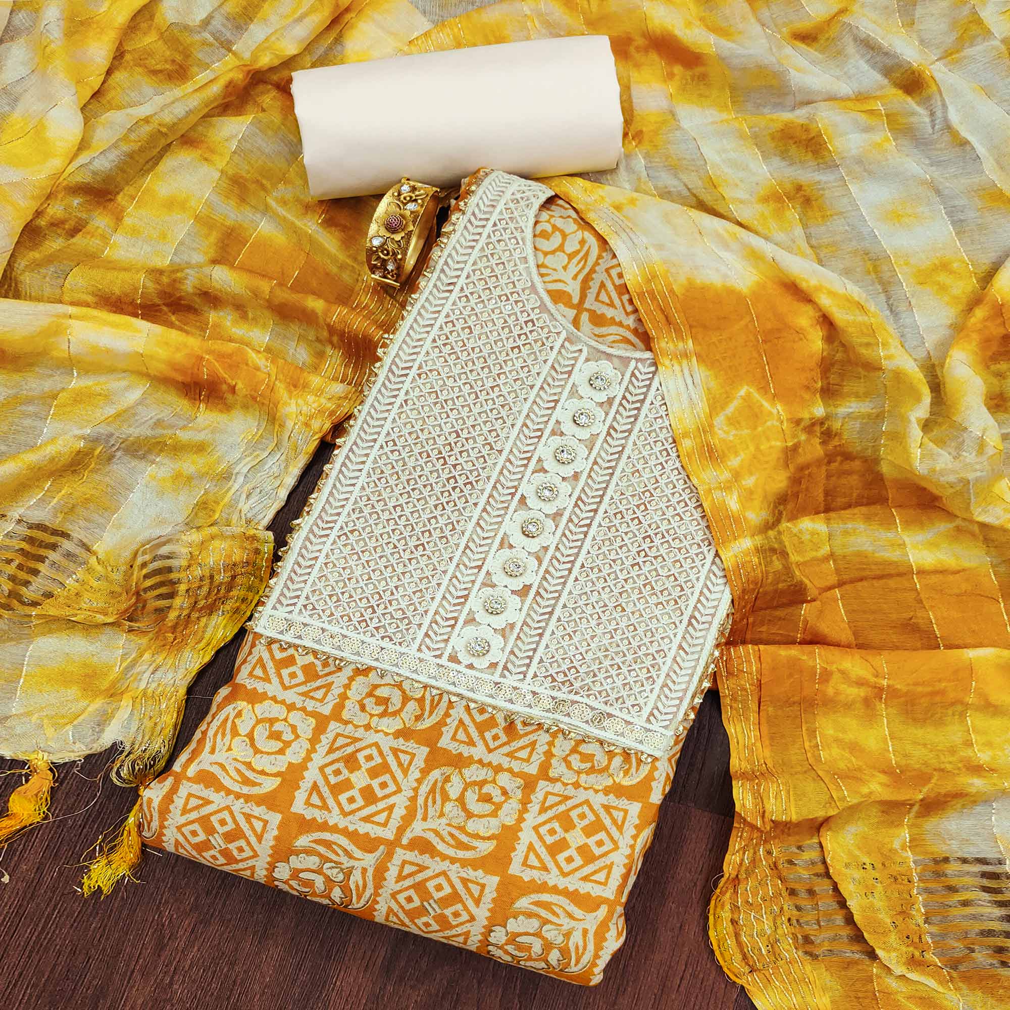Yellow Printed With Embroidered Pure Cotton Dress Material