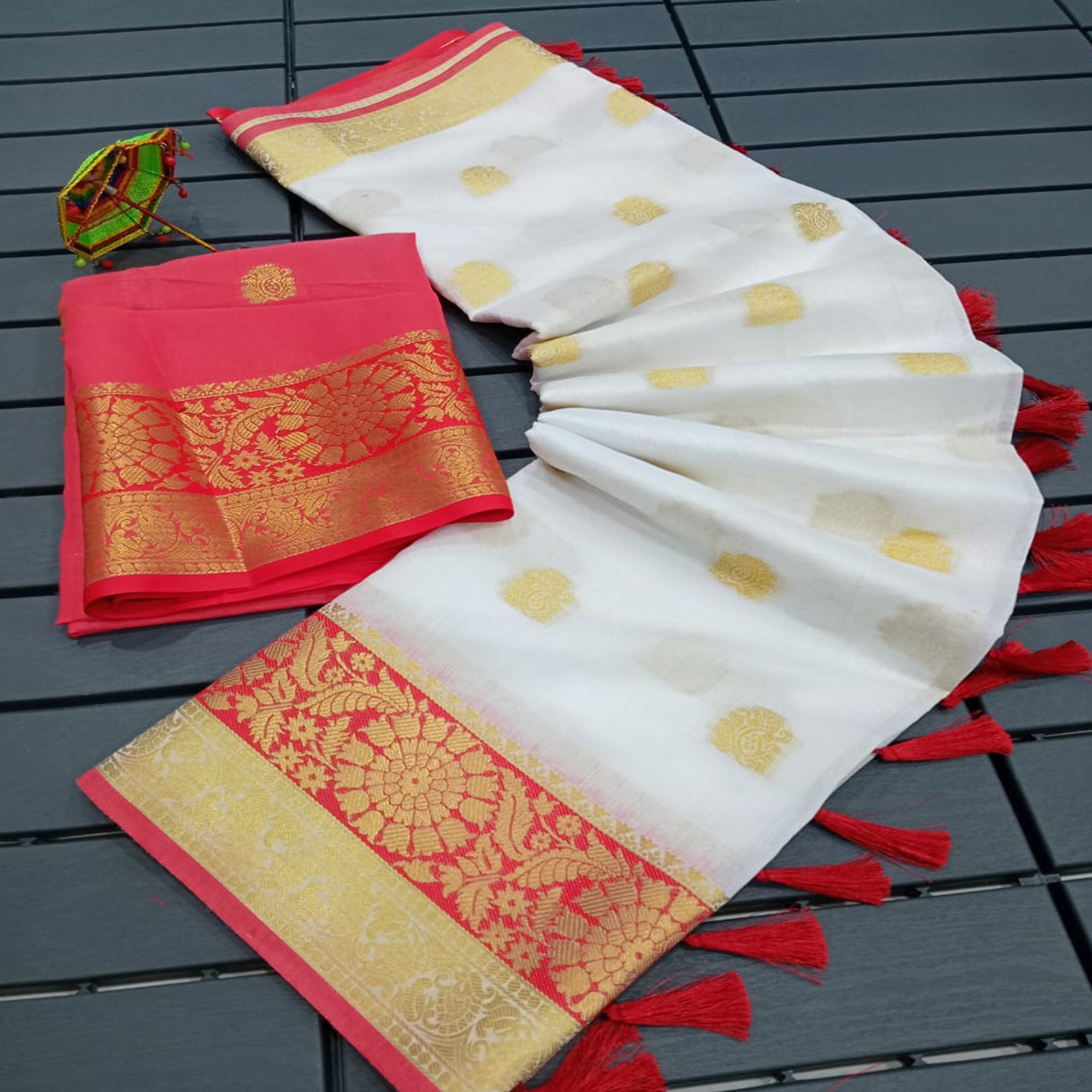 White & Red Woven Jacquard Saree With Tassels