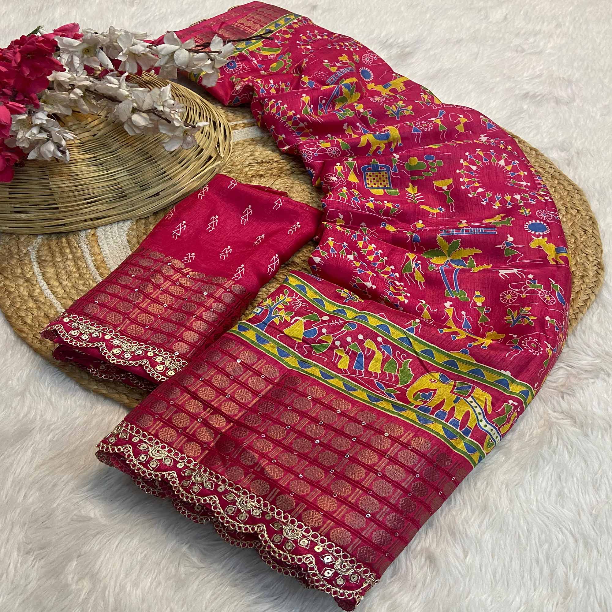 Pink Warli Printed Dola Silk Saree With Sequins Border