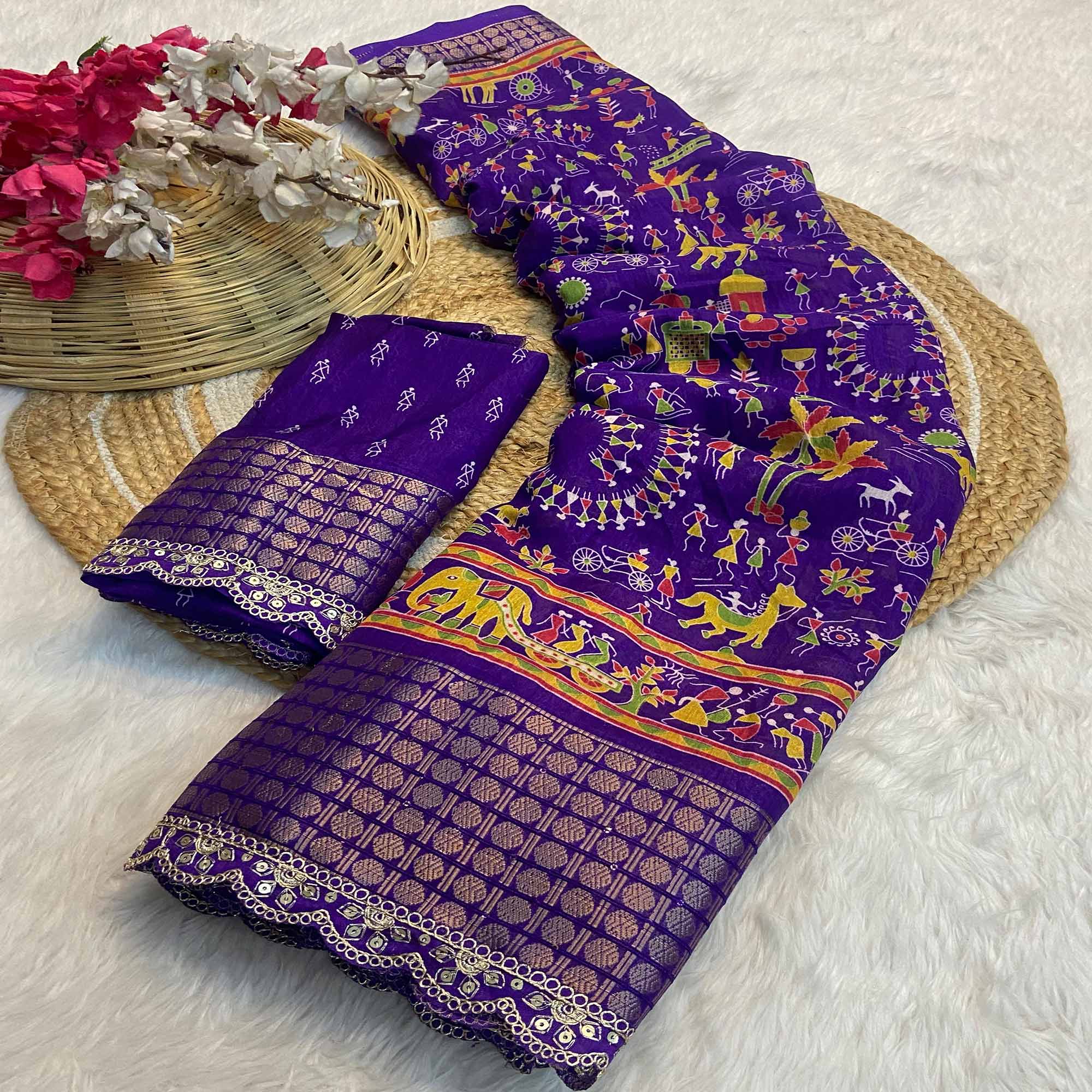 Purple Warli Printed Dola Silk Saree With Sequins Border