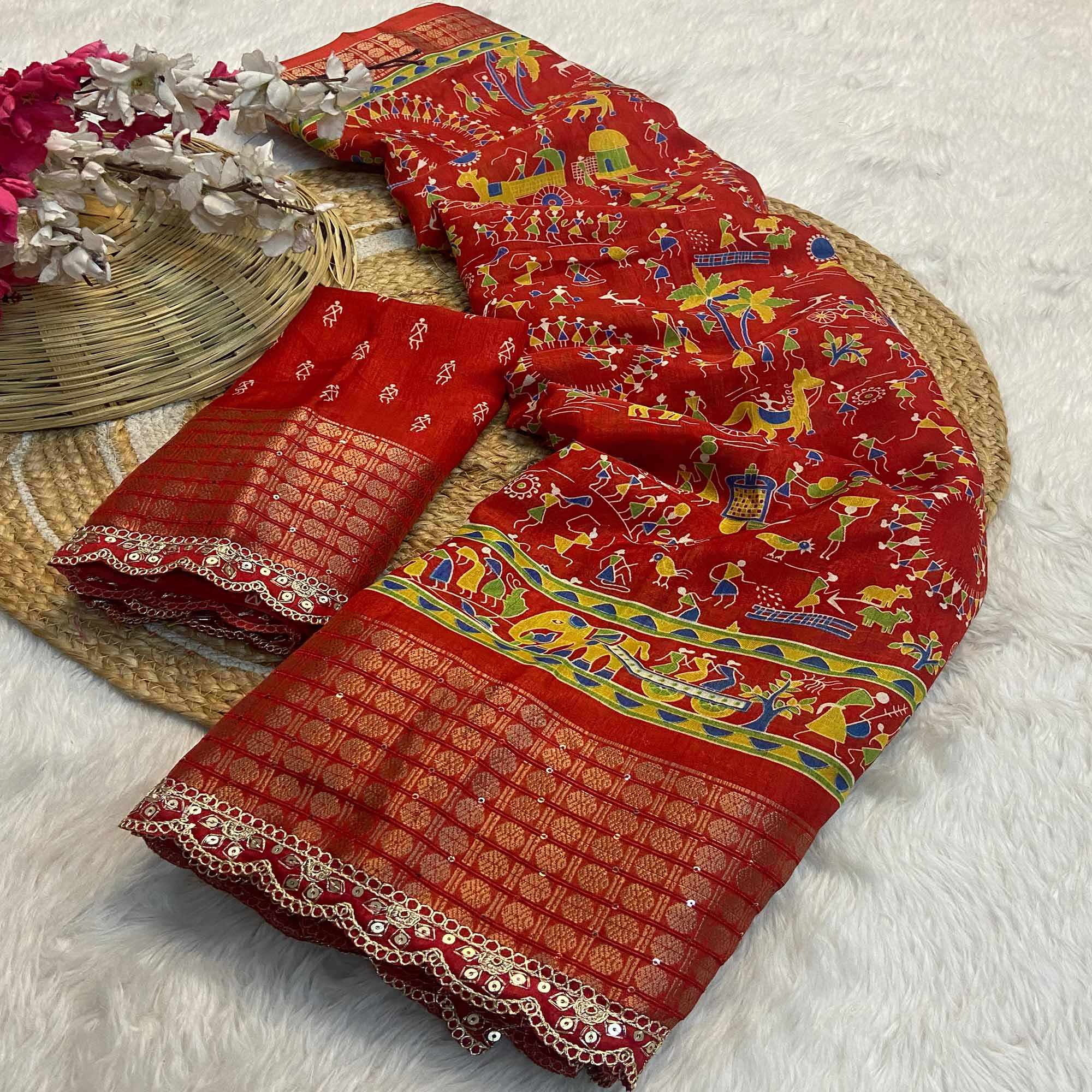 Red Warli Printed Dola Silk Saree With Sequins Border