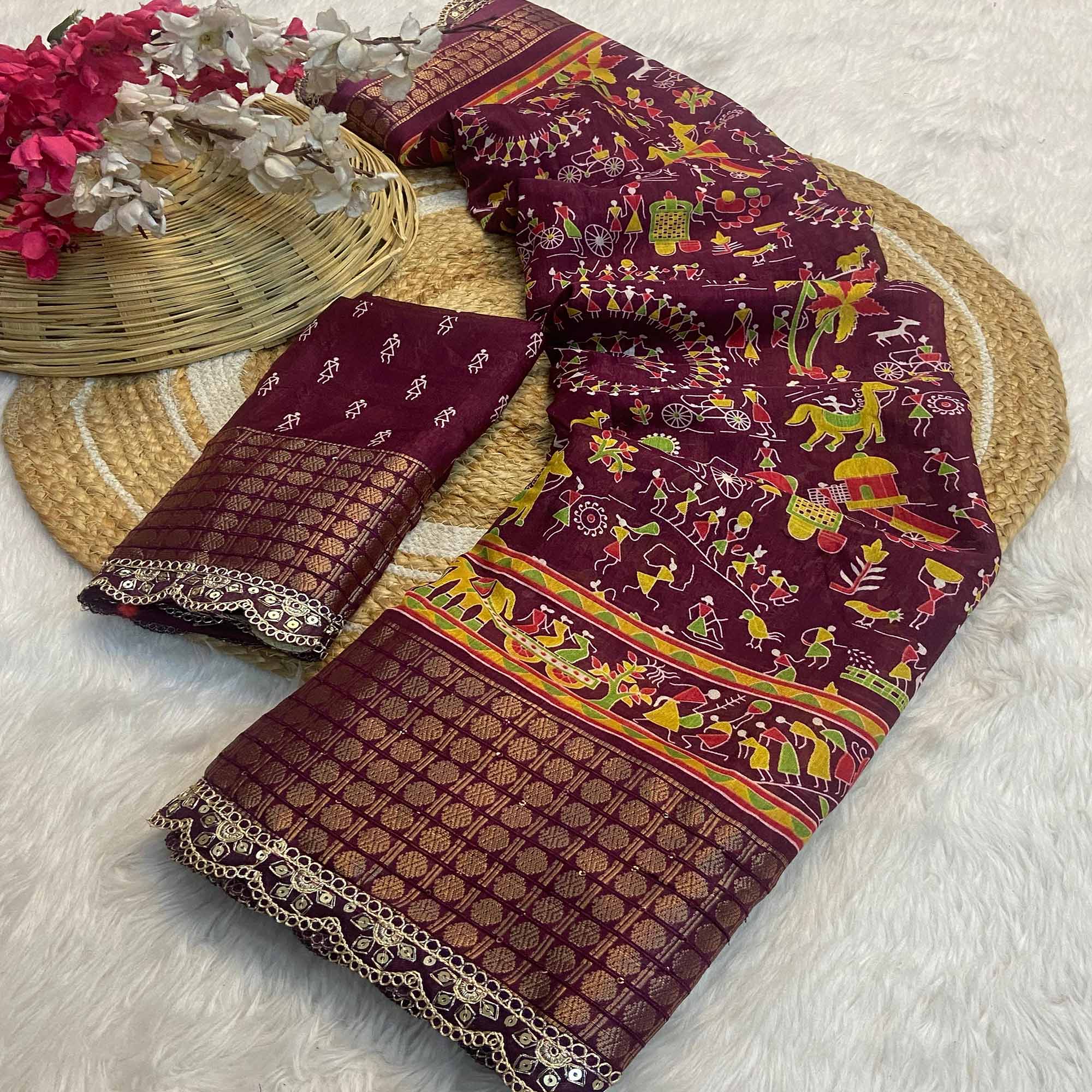 Wine Warli Printed Dola Silk Saree With Sequins Border