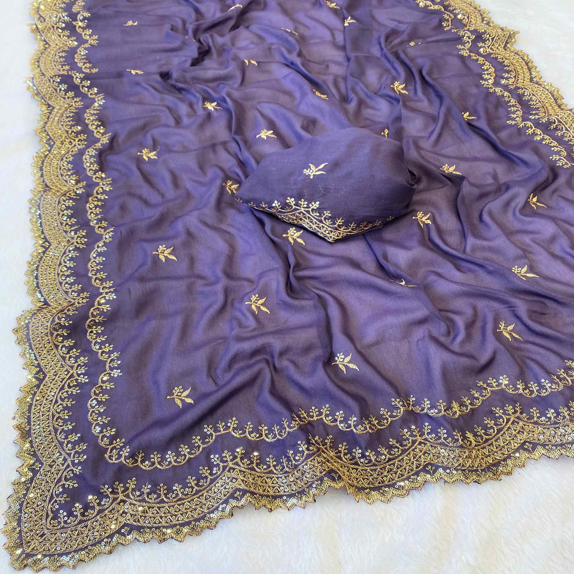 Lavender Embroidered Star Georgette Saree Designed for Stylish Party Wear