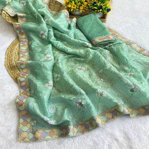 Sea Green Lightweight Tissue Saree with Subtle Yet Elegant Sequins Work