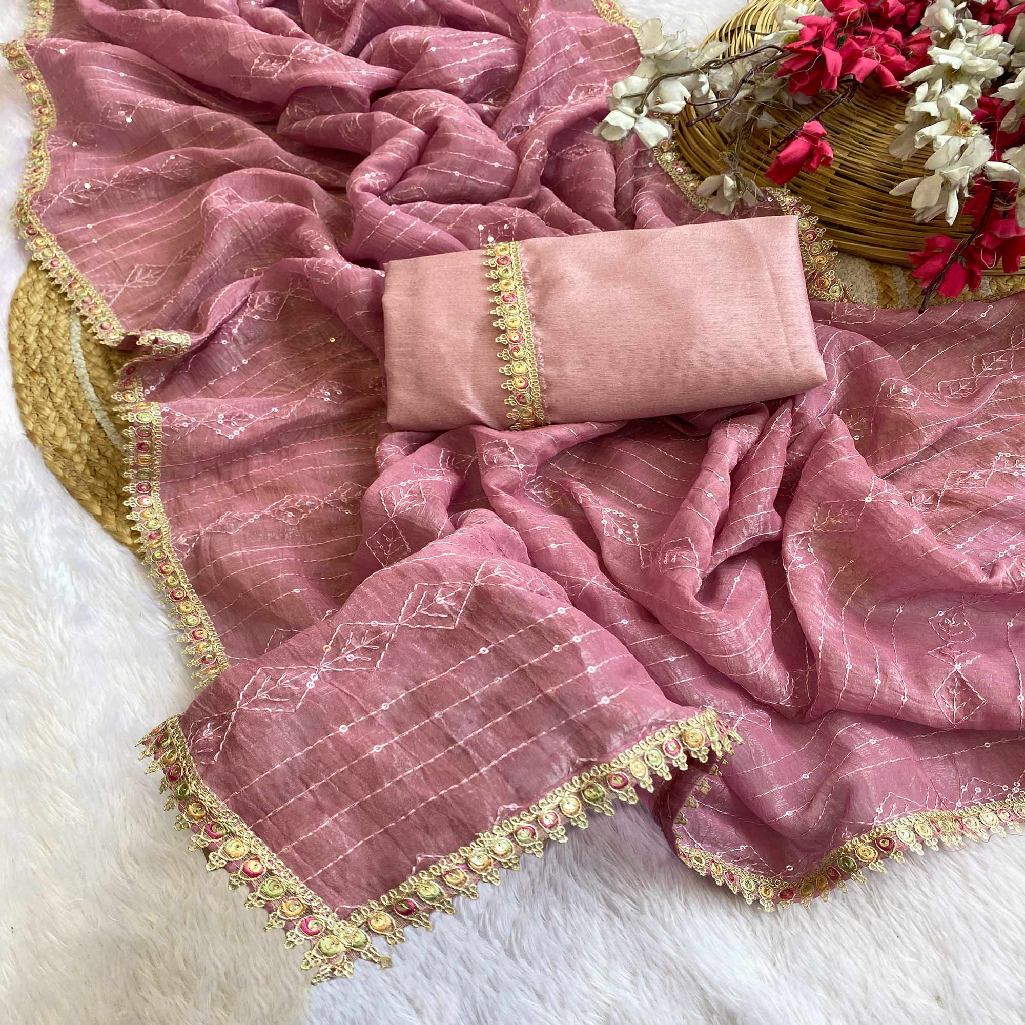 Dusty Pink Embroidered Silk Blend Saree Accented with Sequins
