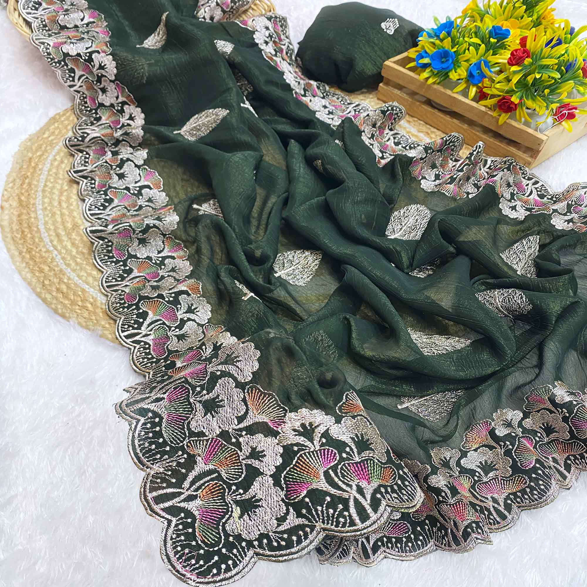 Mehendi Green Floral Embroidered Saree in Crunchy Silk Blend