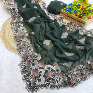Mehendi Green Floral Embroidered Saree in Crunchy Silk Blend