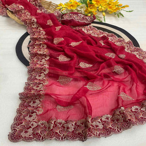 Red Embroidered Thread Work Saree in Flowy Chiffon Silk