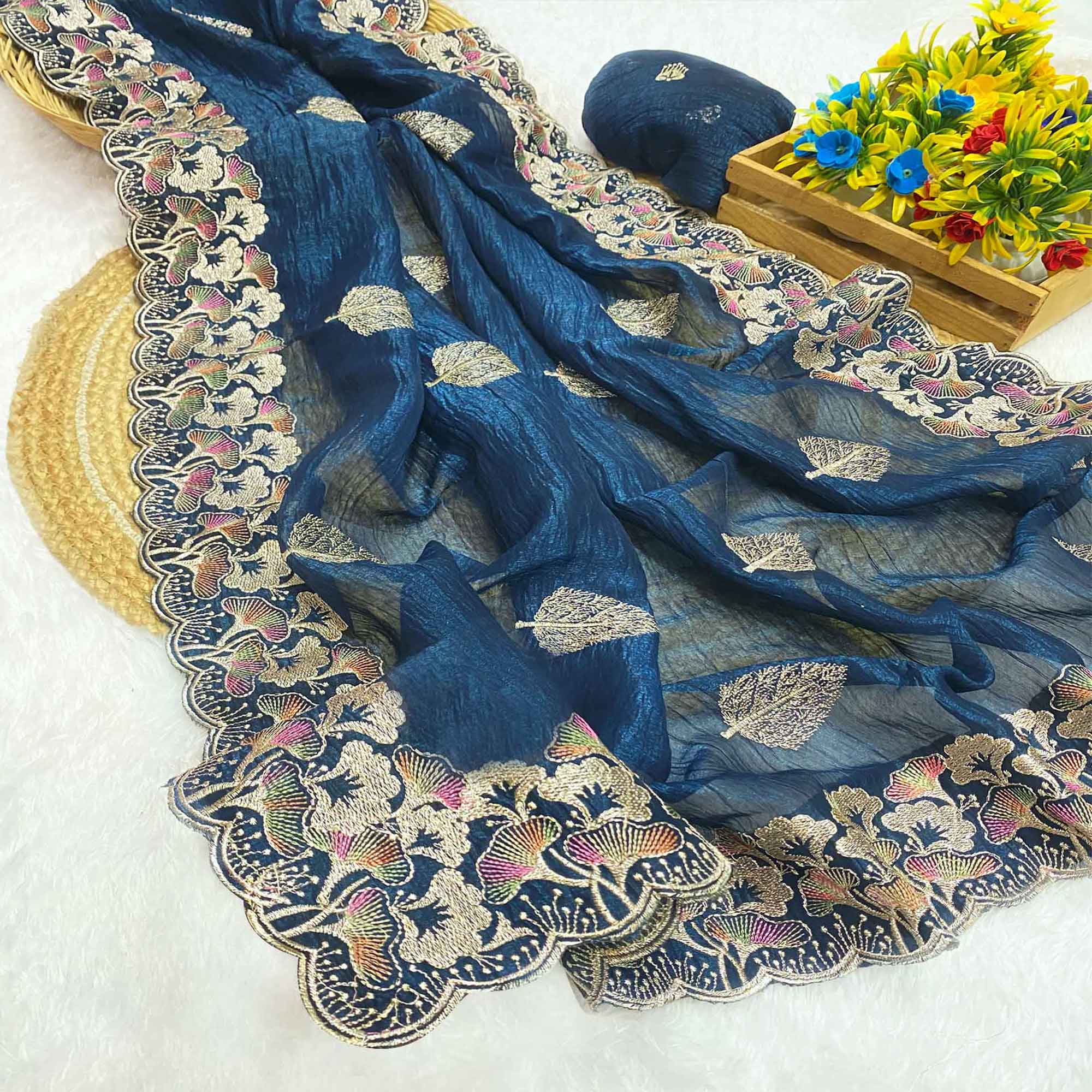 Teal Floral Embroidered Saree in Crunchy Silk Blend