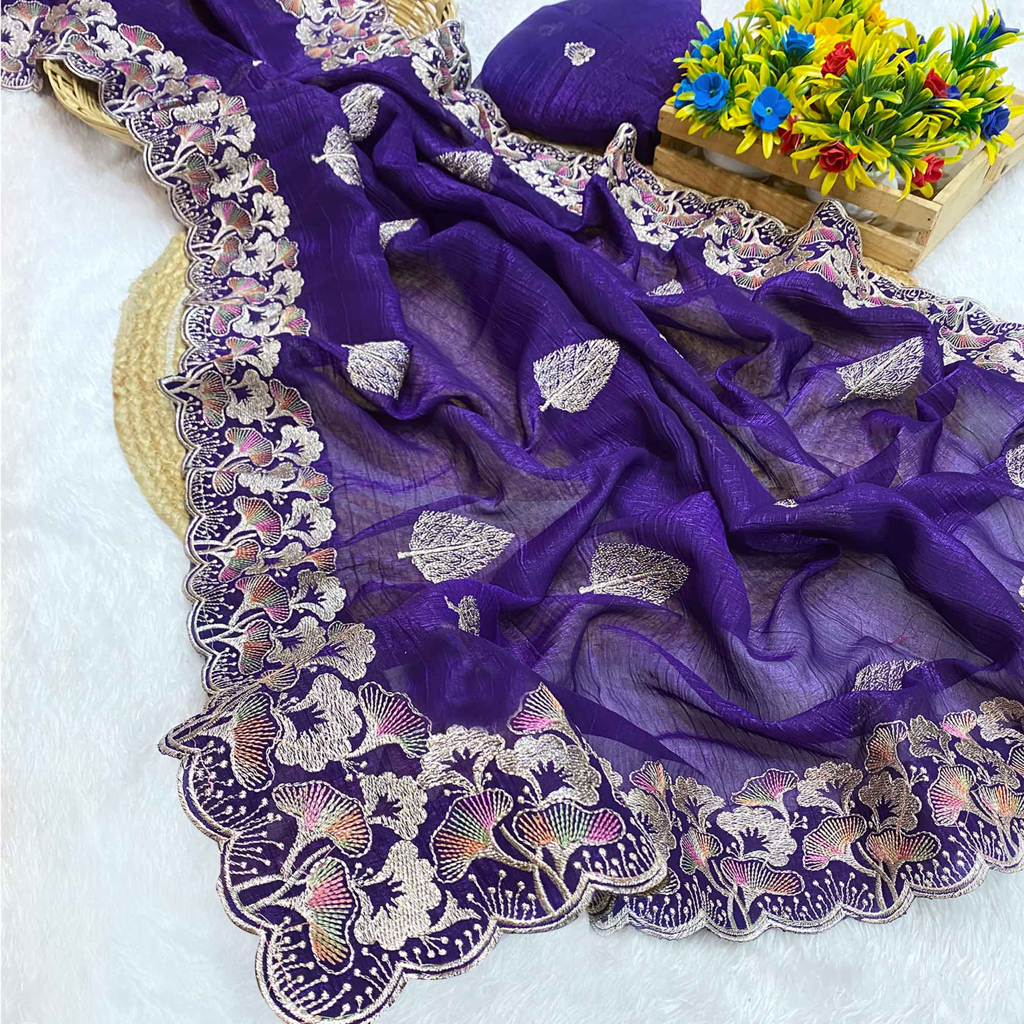 Violet Floral Embroidered Saree in Crunchy Silk Blend