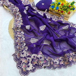 Violet Floral Embroidered Saree in Crunchy Silk Blend