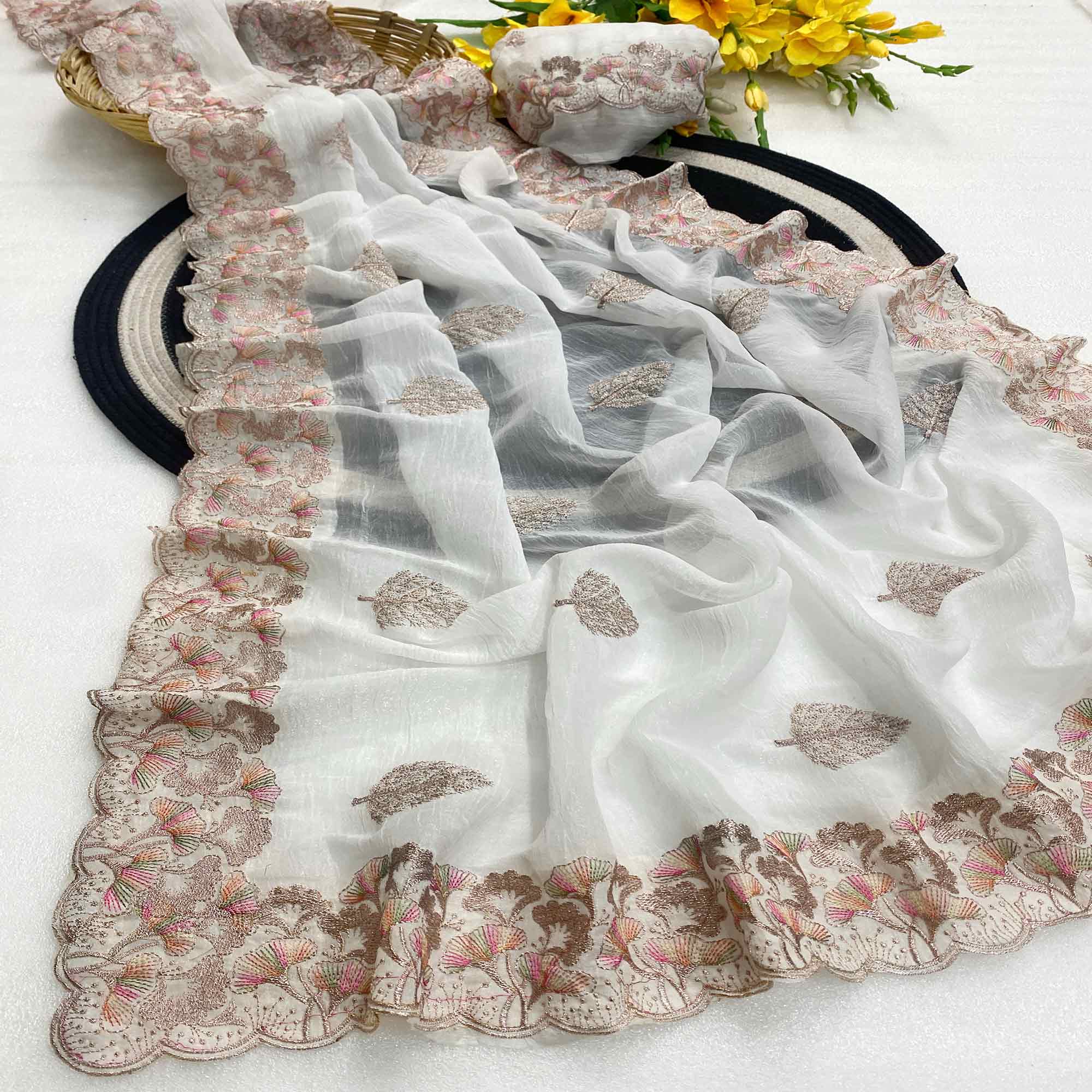 White Embroidered Thread Work Saree in Flowy Chiffon Silk