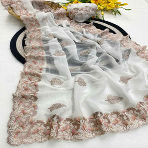 White Embroidered Thread Work Saree in Flowy Chiffon Silk