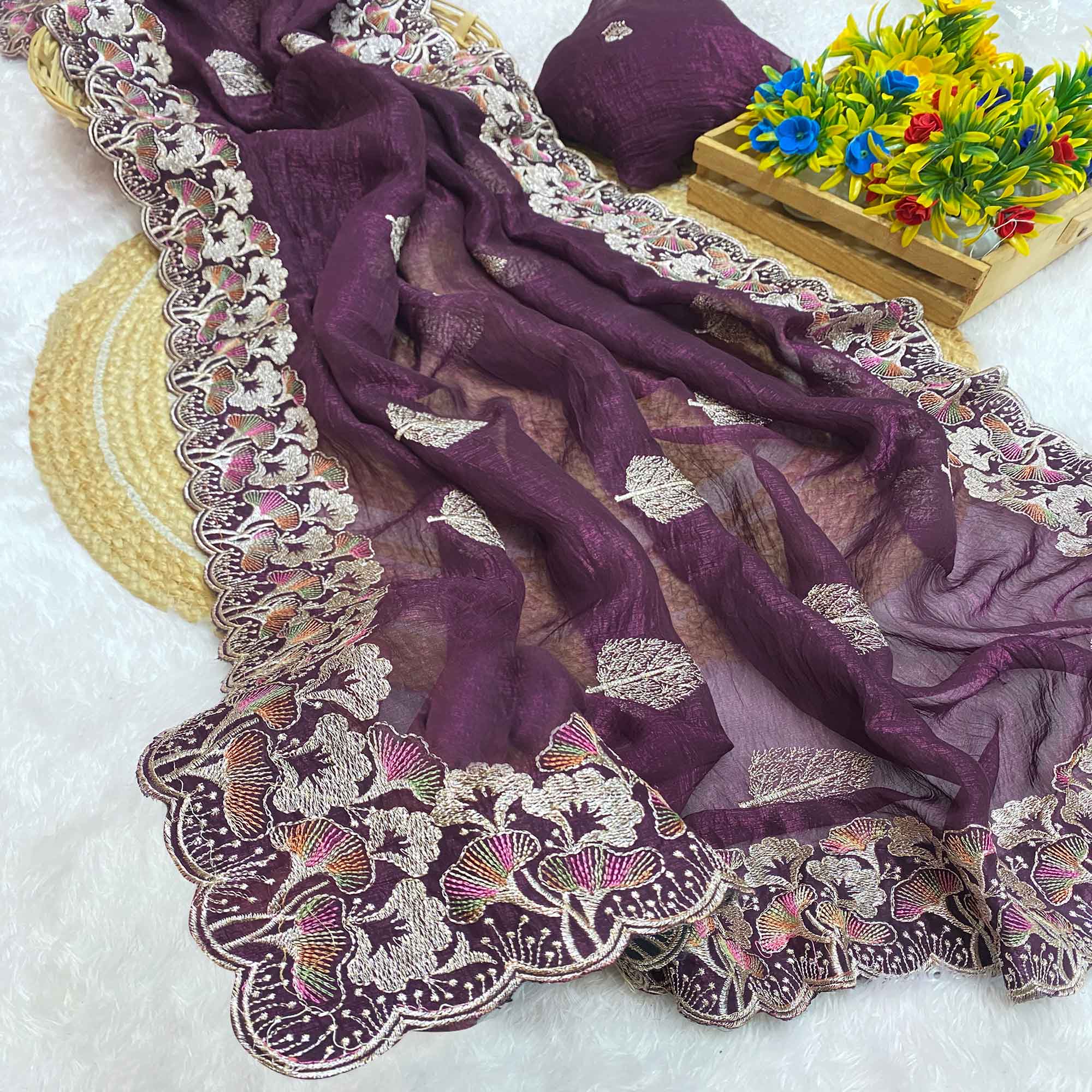 Wine Floral Embroidered Saree in Crunchy Silk Blend