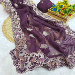 Wine Floral Embroidered Saree in Crunchy Silk Blend