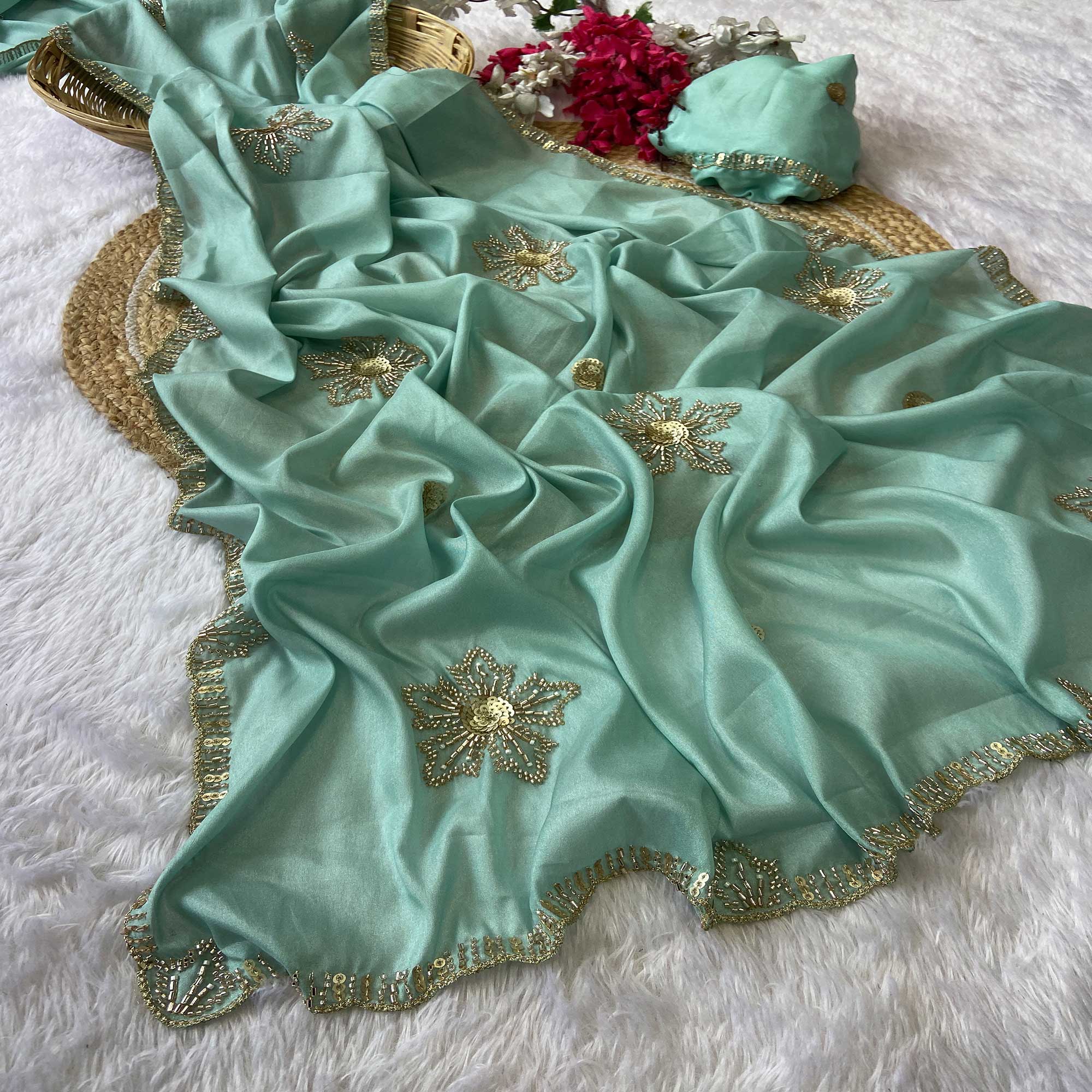 Turquoise Partywear Saree in Crepe with Intricate Stone Work