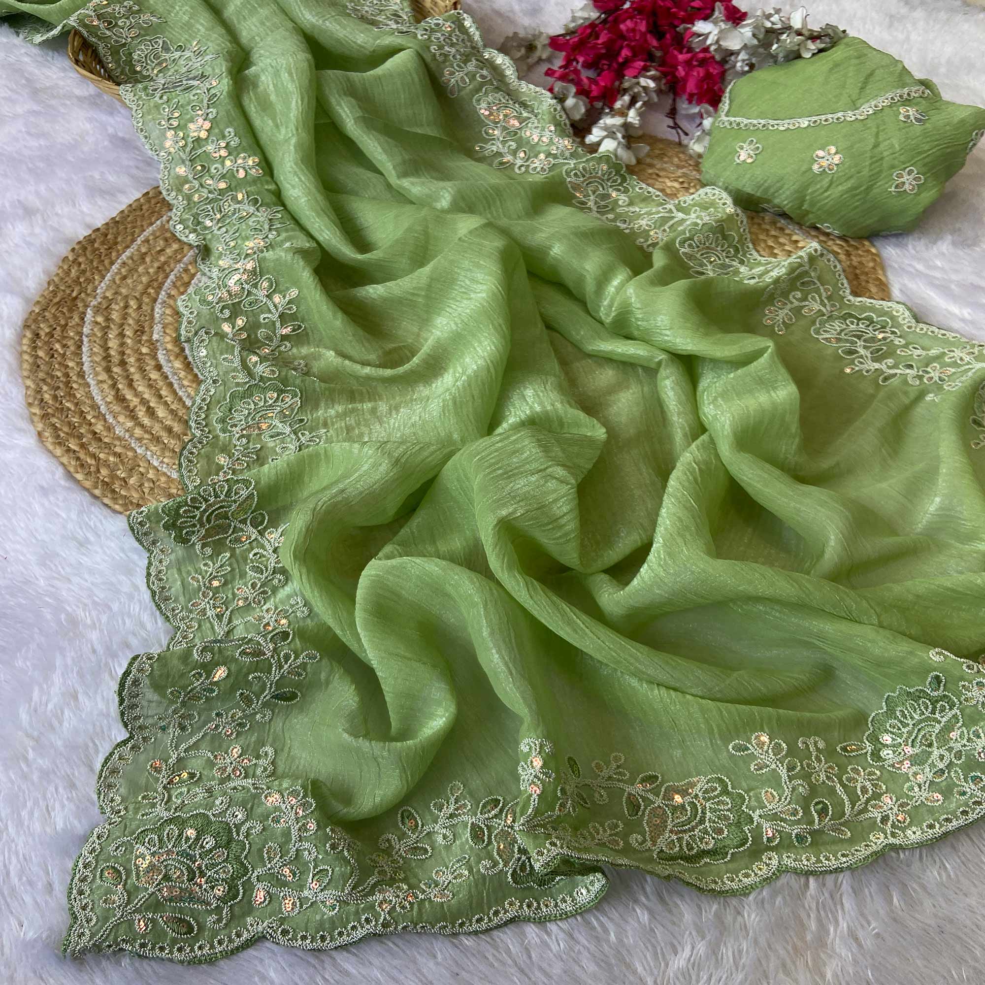 Designer Green Crunchy Texture Tissue Saree with Embroidered Highlights