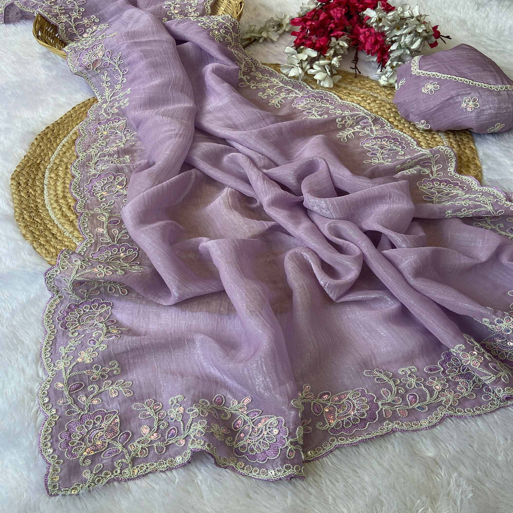Designer Lavender Crunchy Texture Tissue Saree with Embroidered Highlights