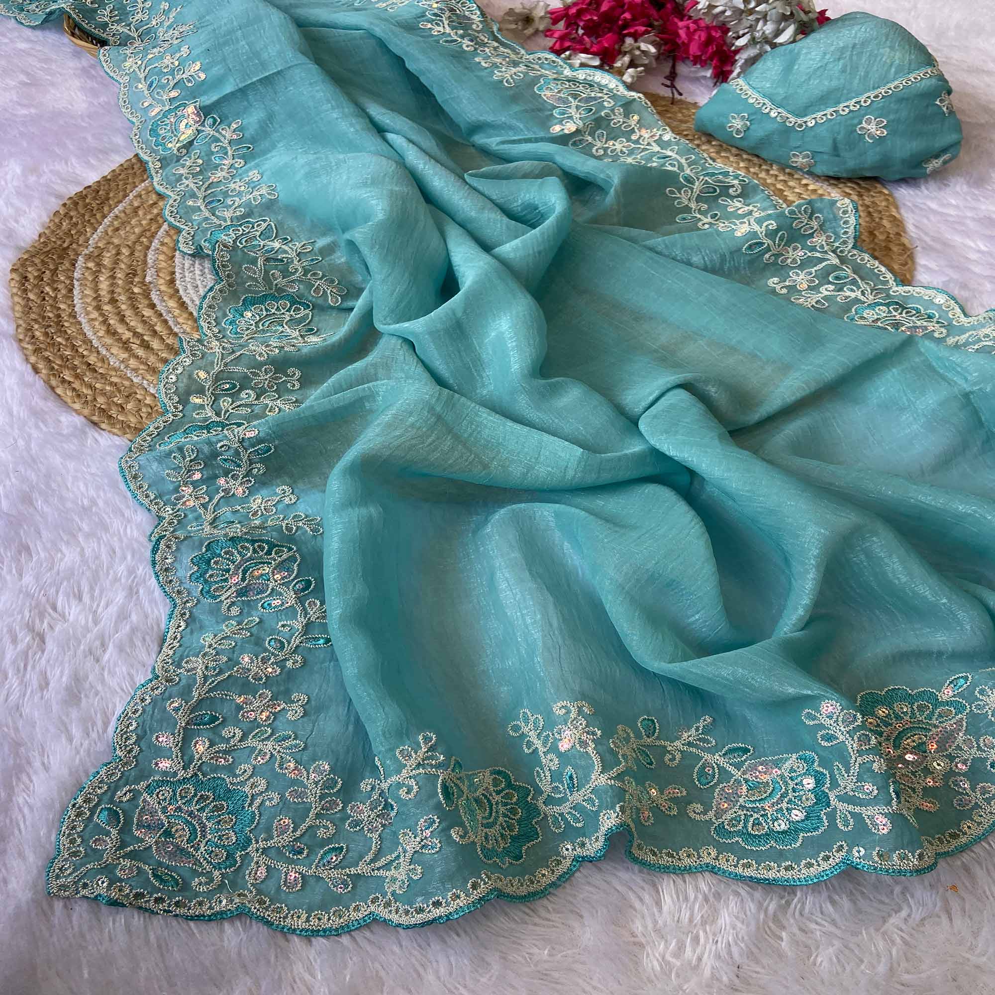 Designer Sea Green Crunchy Texture Tissue Saree with Embroidered Highlights