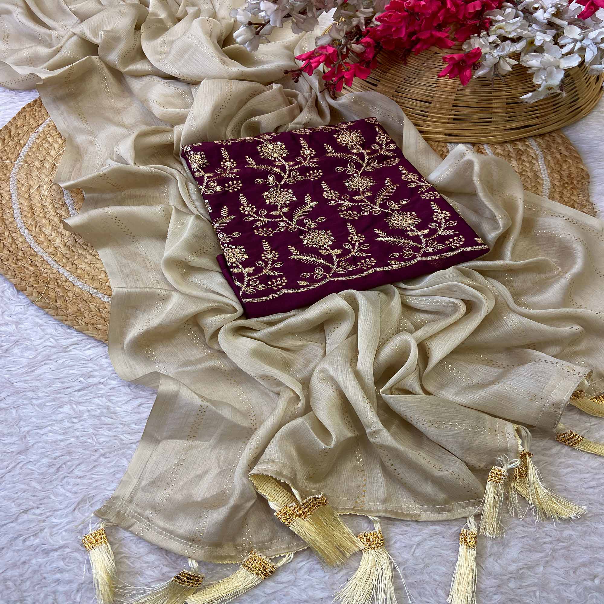 Beige Moss Chiffon Drape with Modern Foil Print Touch