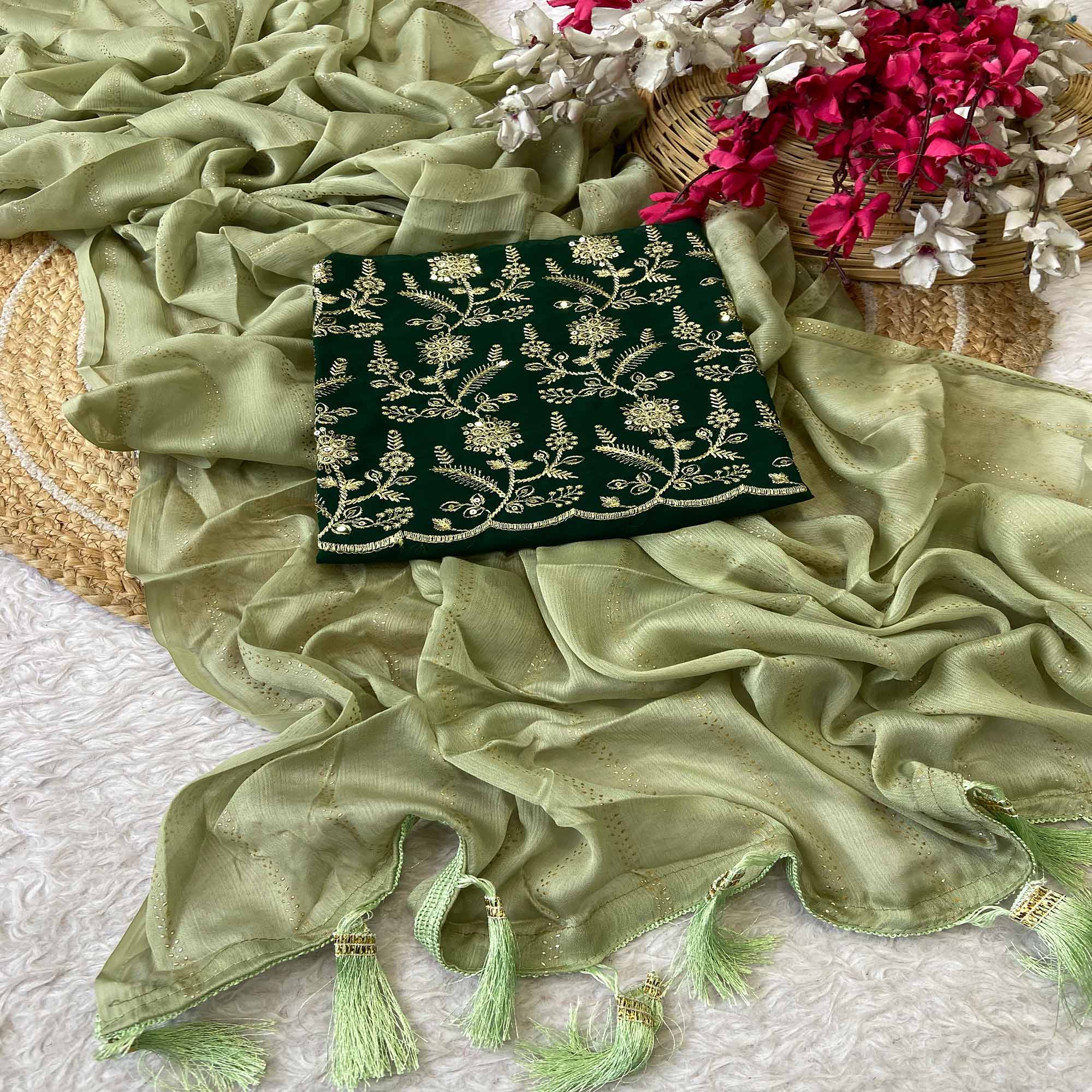 Green Moss Chiffon Drape with Modern Foil Print Touch
