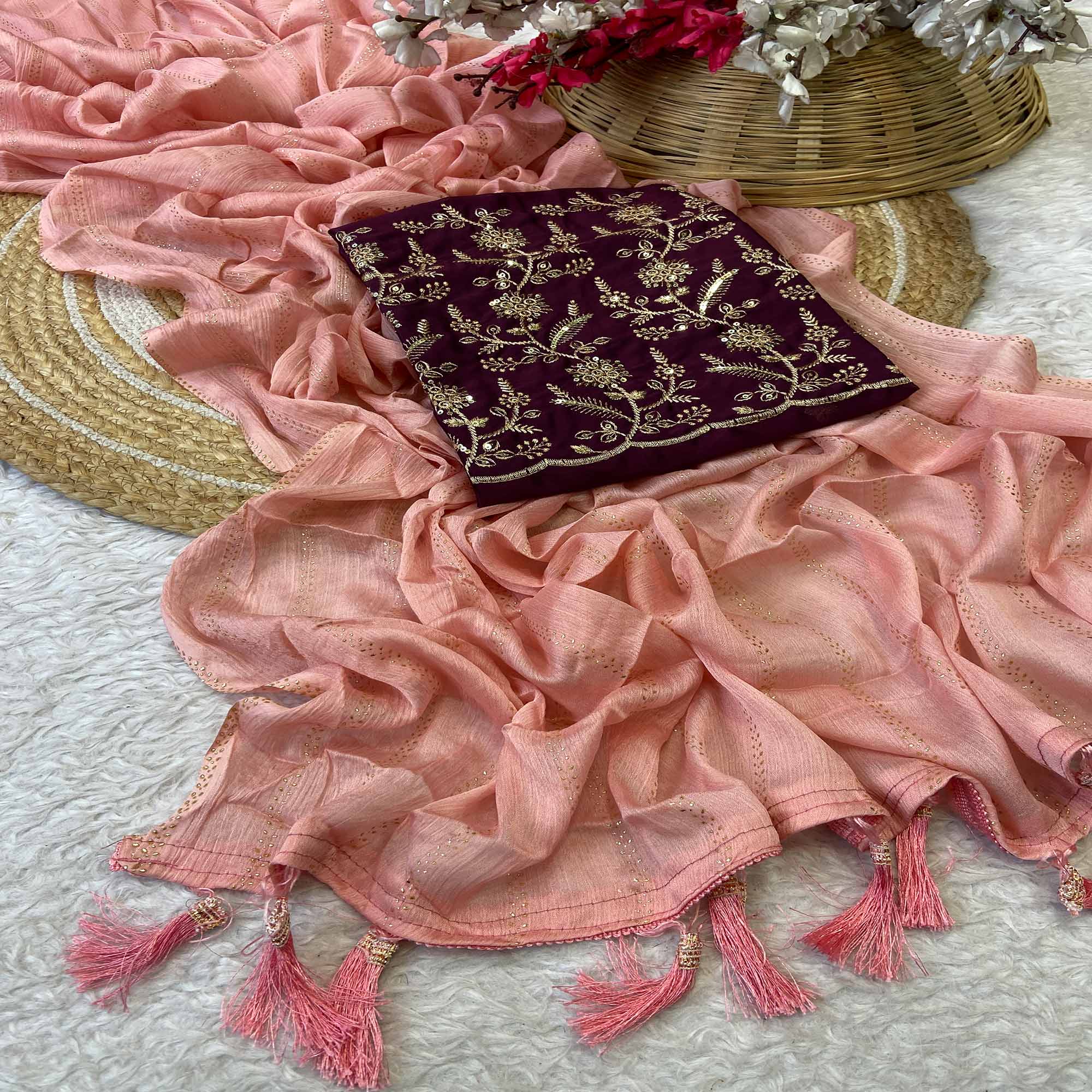 Peach Moss Chiffon Drape with Modern Foil Print Touch