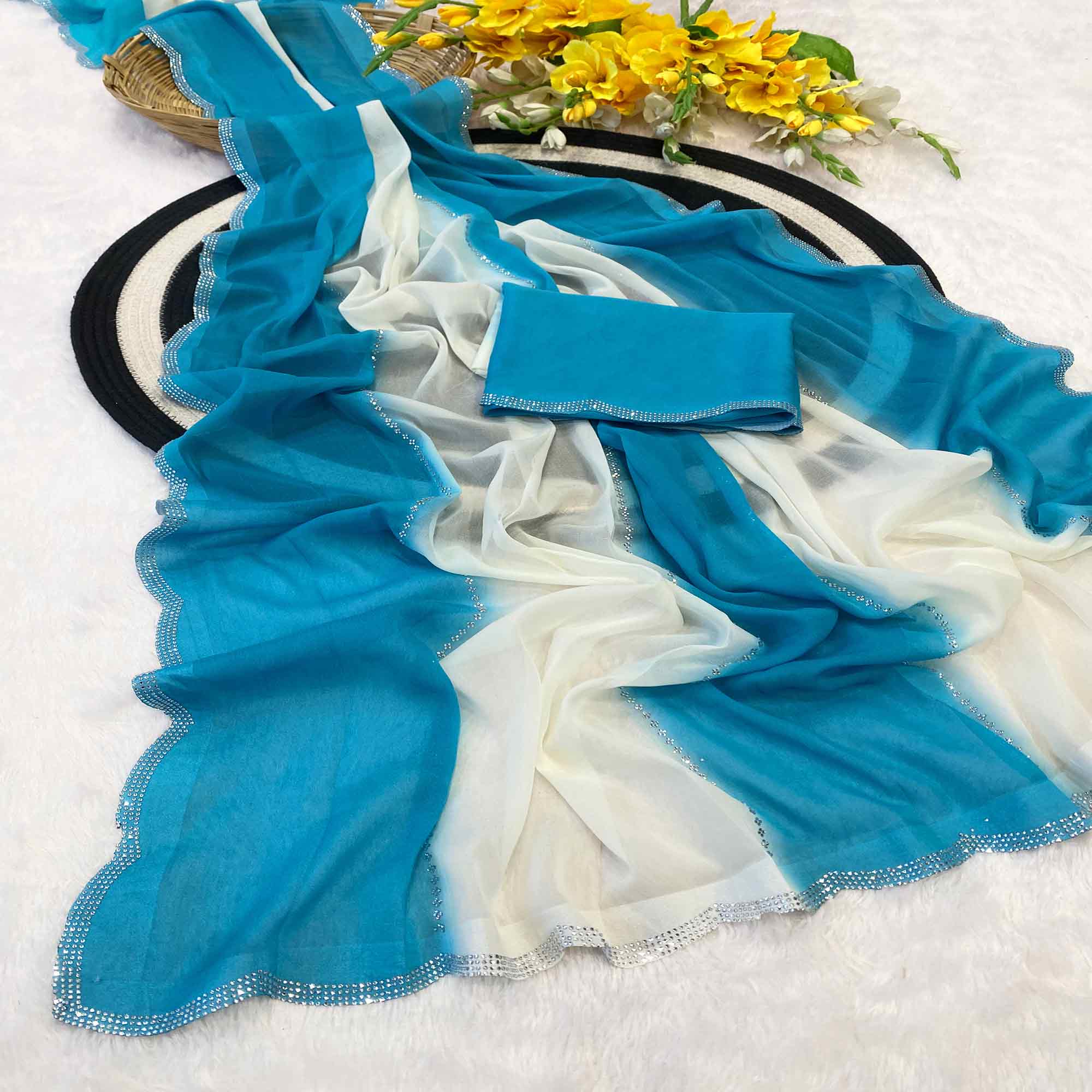 Blue Gradient Georgette Saree with Intricate Swarovski Crystal Star Motifs