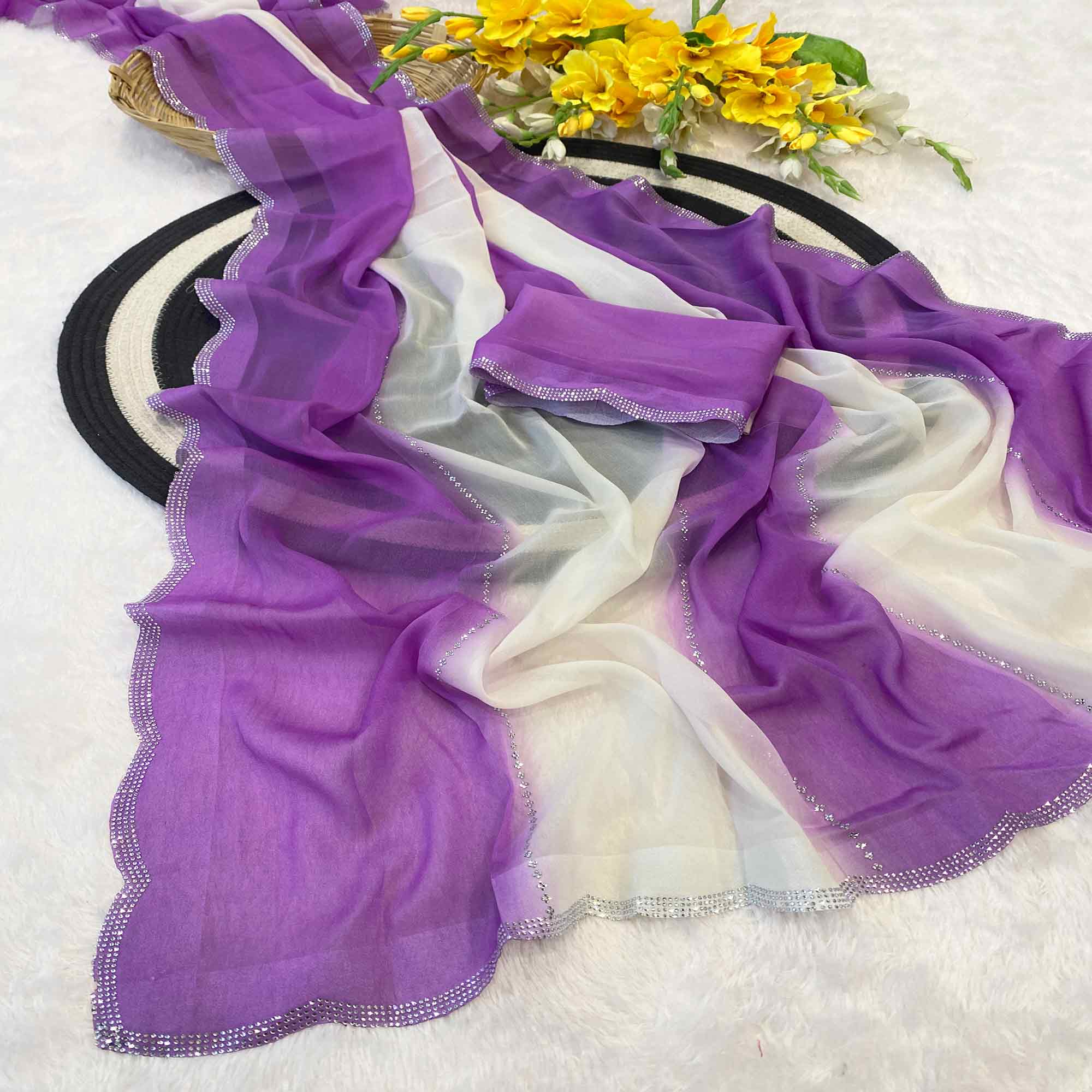 Purple Gradient Georgette Saree with Intricate Swarovski Crystal Star Motifs