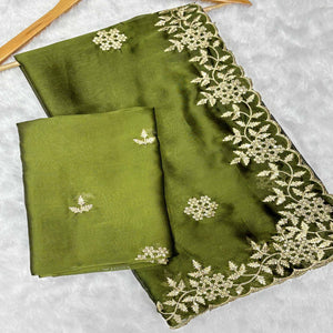 Mehendi Green Satin Saree with Intricate Floral Embroidery