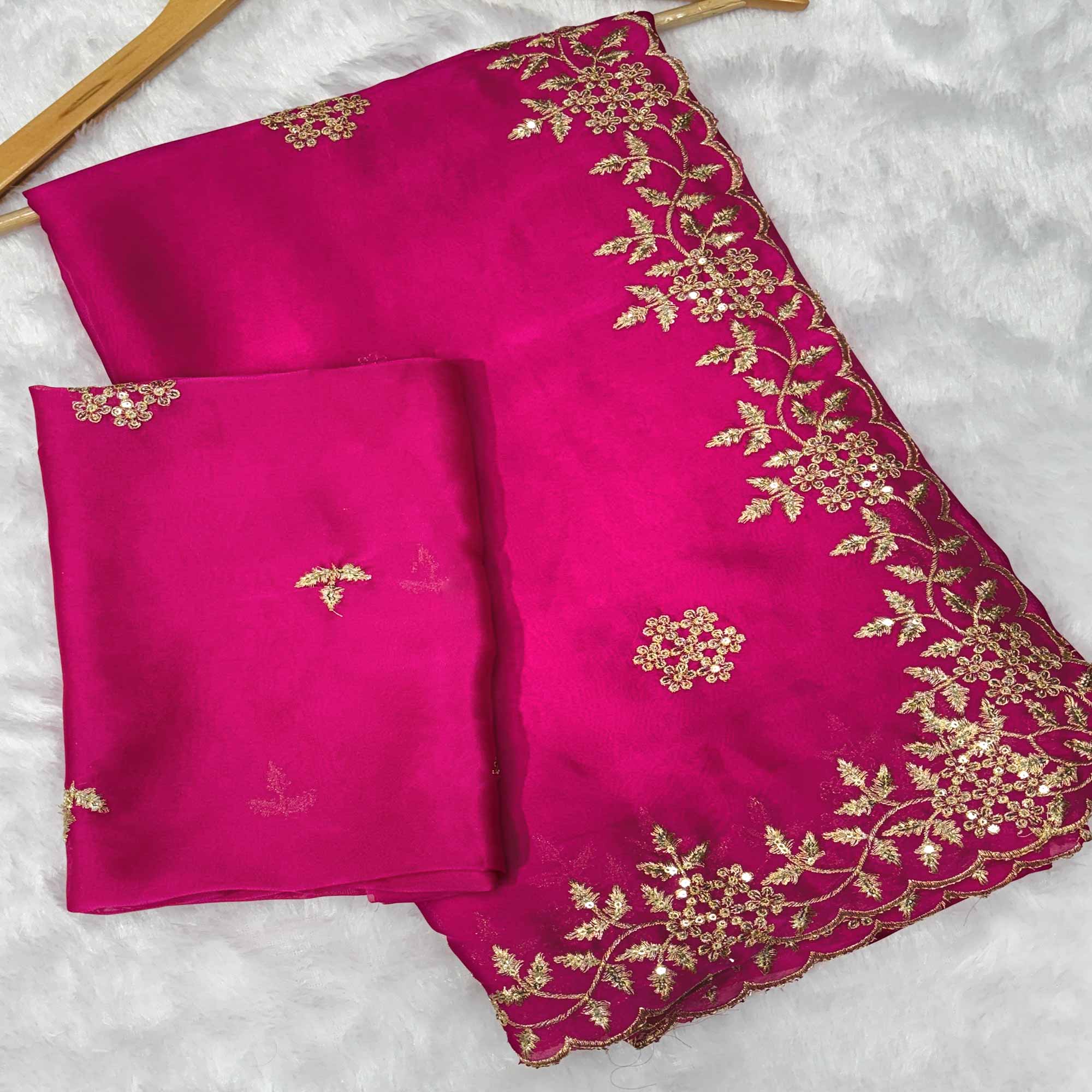 Pink Satin Saree with Intricate Floral Embroidery